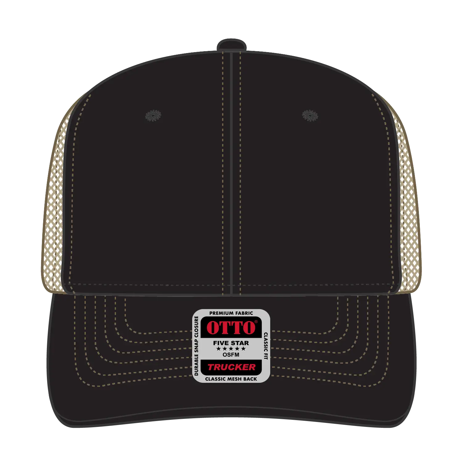 OTTO 112-1 6 Panel Mid Profile Mesh Back Trucker Cap - Blk/Blk/Kha - Blk/Blk/Kha / 7 3/8’’ - 7 5/8’’