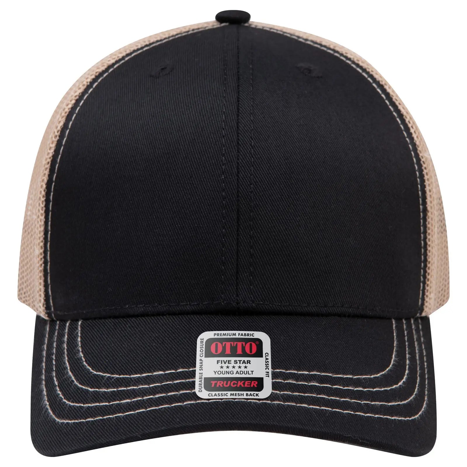 OTTO 112-1 6 Panel Mid Profile Mesh Back Trucker Cap - Blk/Blk/Kha