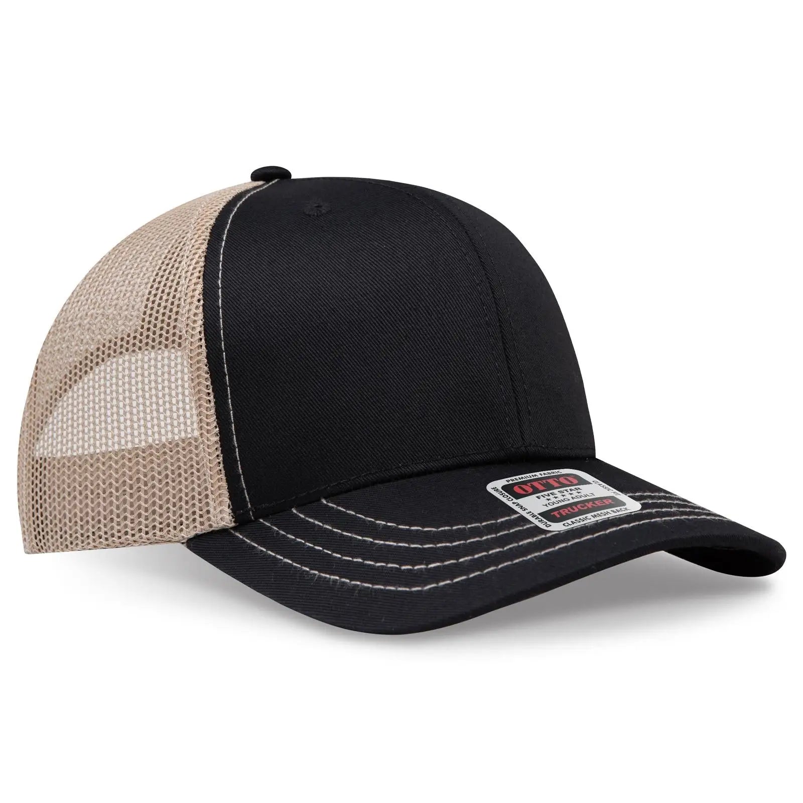 OTTO 112-1 6 Panel Mid Profile Mesh Back Trucker Cap - Blk/Blk/Kha