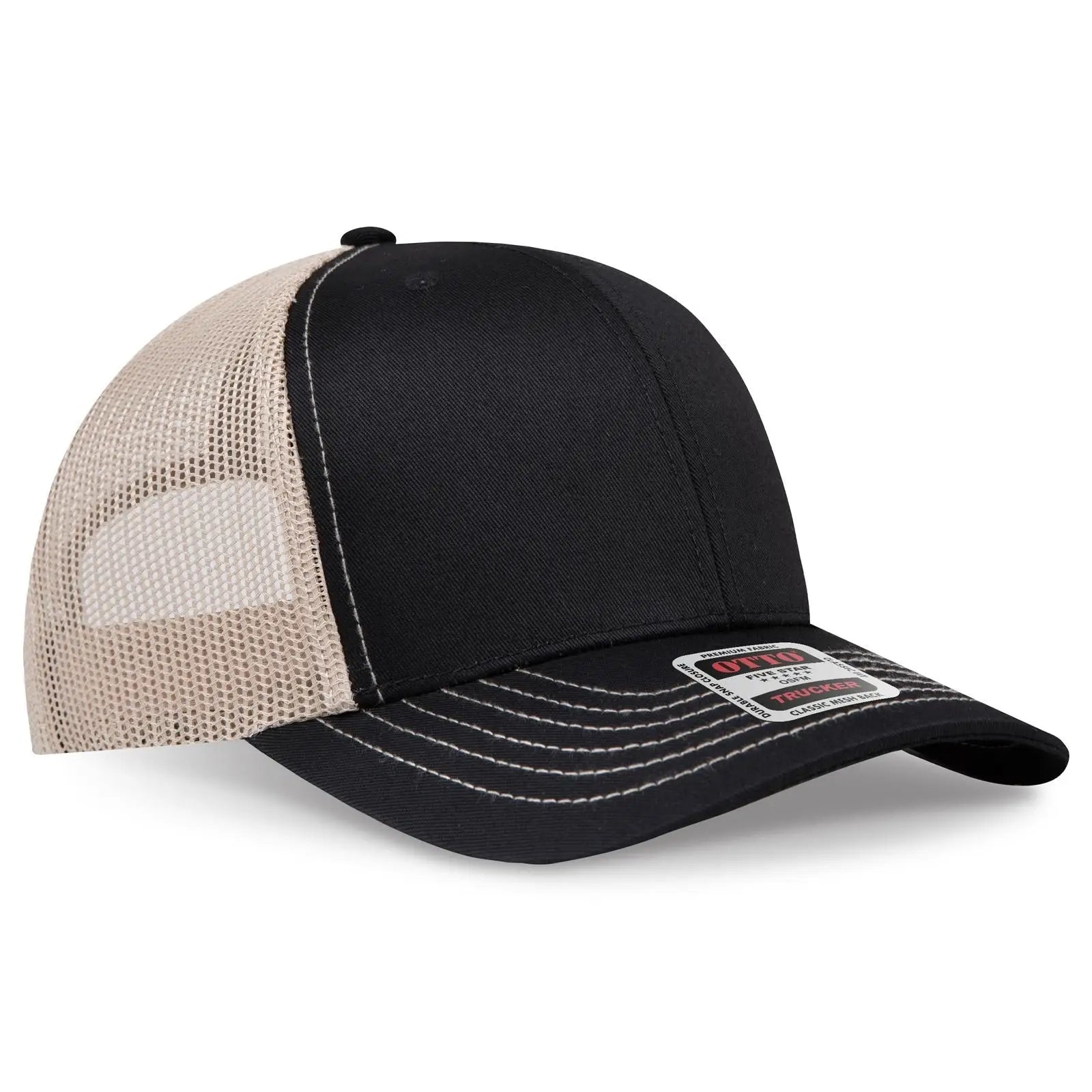 OTTO 112-1 6 Panel Mid Profile Mesh Back Trucker Cap - Blk/Blk/Kha