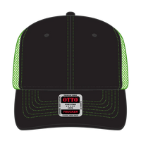 OTTO 112-1 6 Panel Mid Profile Mesh Back Trucker Cap - Blk/Blk/N.Grn - Blk/Blk/N.Grn / 7 3/8’’ - 7 5/8’’