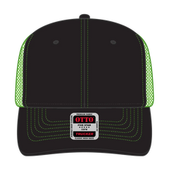 OTTO 112-1 6 Panel Mid Profile Mesh Back Trucker Cap - Blk/Blk/N.Grn - Blk/Blk/N.Grn / 7 3/8’’ - 7 5/8’’