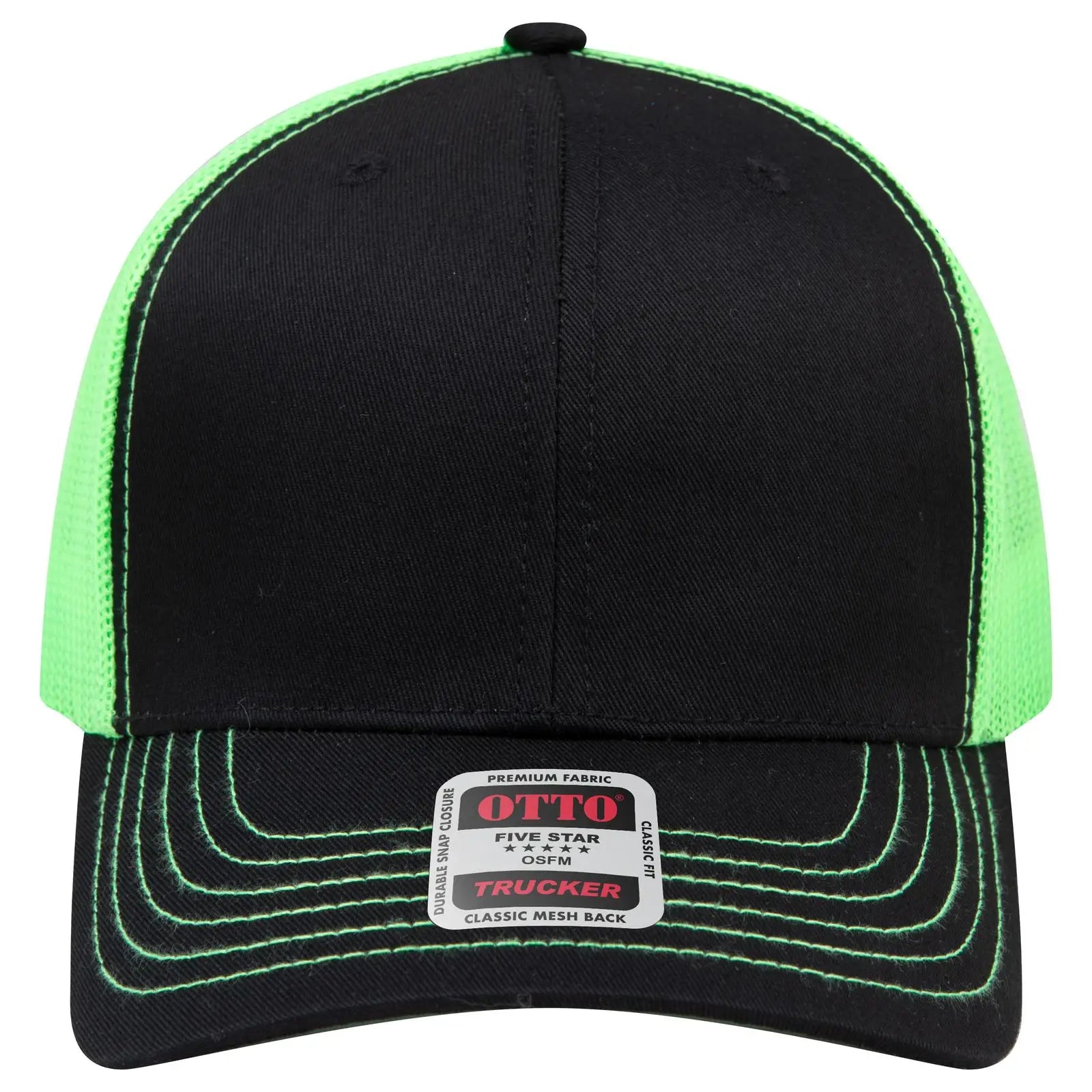 OTTO 112-1 6 Panel Mid Profile Mesh Back Trucker Cap - Blk/Blk/N.Grn - Blk/Blk/N.Grn / 7 3/8’’ - 7 5/8’’