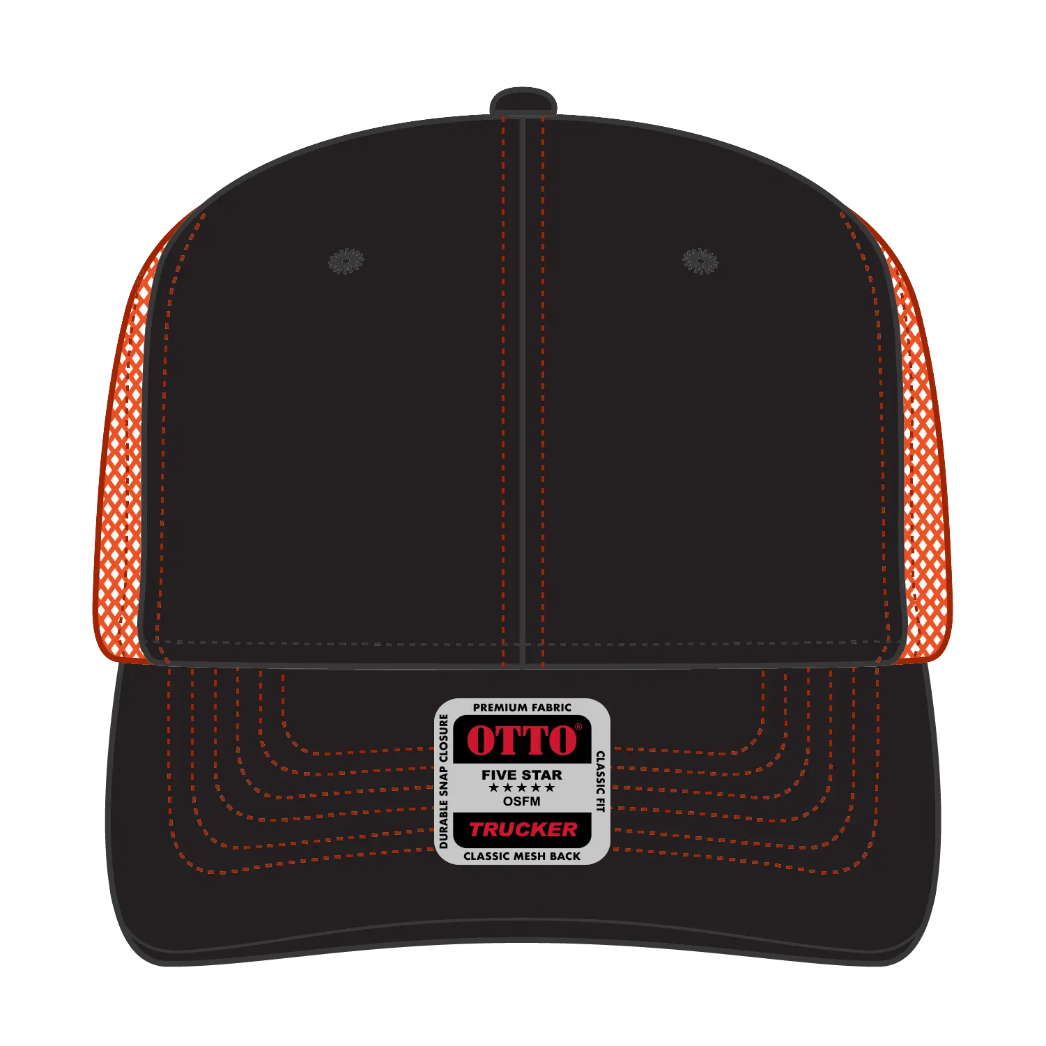OTTO 112-1 6 Panel Mid Profile Mesh Back Trucker Cap - Blk/Blk/N Org - Blk/Blk/N Org / 7 3/8’’ - 7 5/8’’