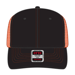 OTTO 112-1 6 Panel Mid Profile Mesh Back Trucker Cap - Blk/Blk/N Org - Blk/Blk/N Org / 7 3/8’’ - 7 5/8’’