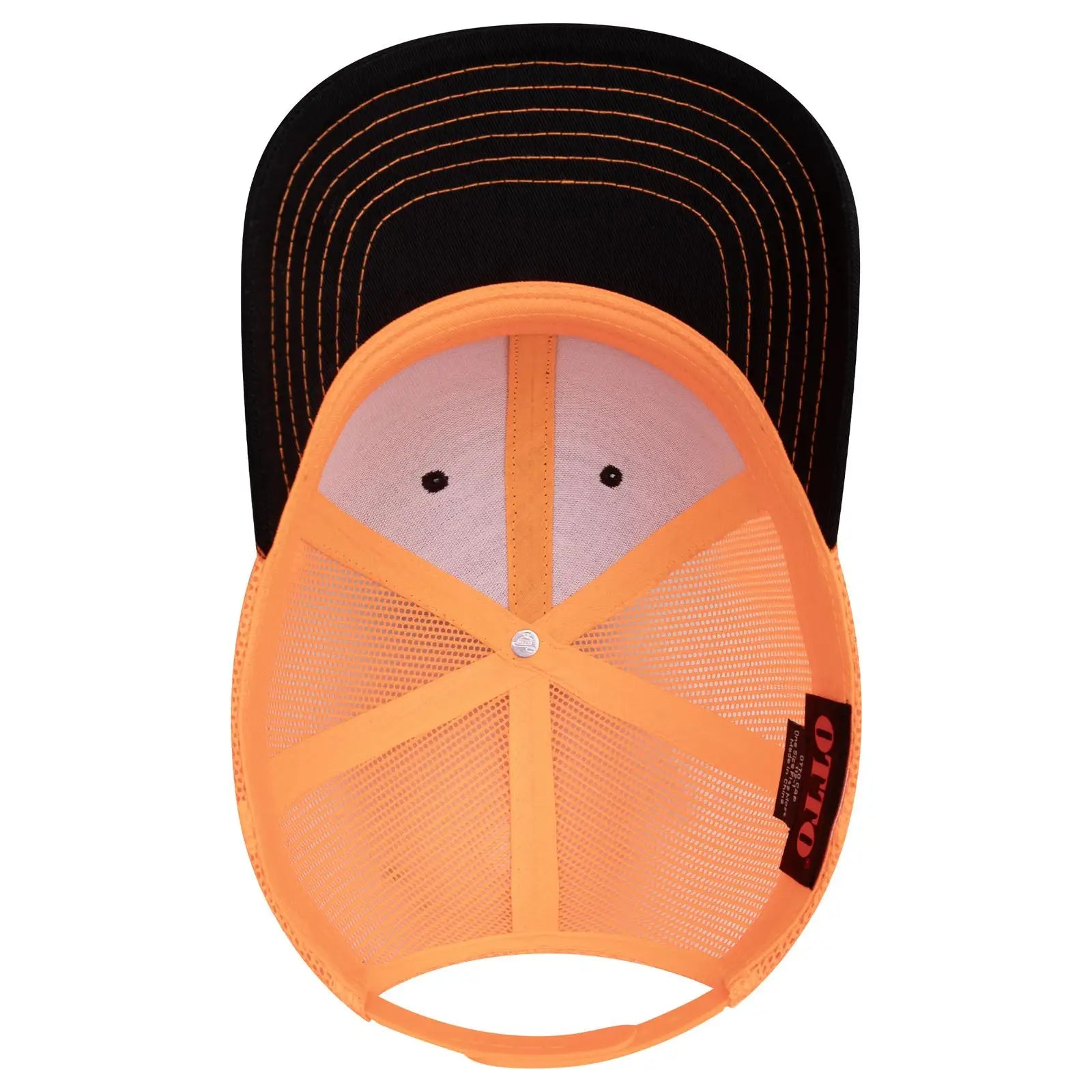 OTTO 112-1 6 Panel Mid Profile Mesh Back Trucker Cap - Blk/Blk/N Org - Blk/Blk/N Org / 7 3/8’’ - 7 5/8’’