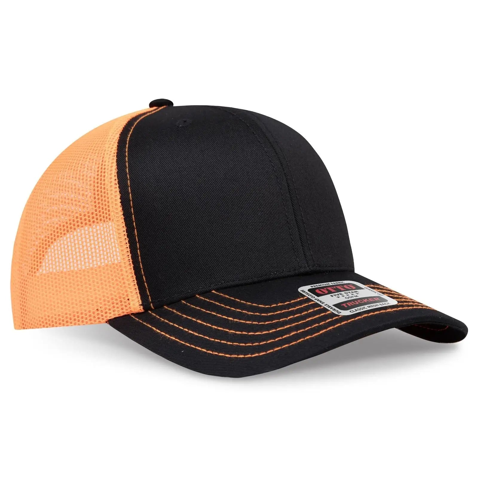 OTTO 112-1 6 Panel Mid Profile Mesh Back Trucker Cap - Blk/Blk/N Org - Blk/Blk/N Org / 7 3/8’’ - 7 5/8’’