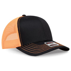 OTTO 112-1 6 Panel Mid Profile Mesh Back Trucker Cap - Blk/Blk/N Org - Blk/Blk/N Org / 7 3/8’’ - 7 5/8’’
