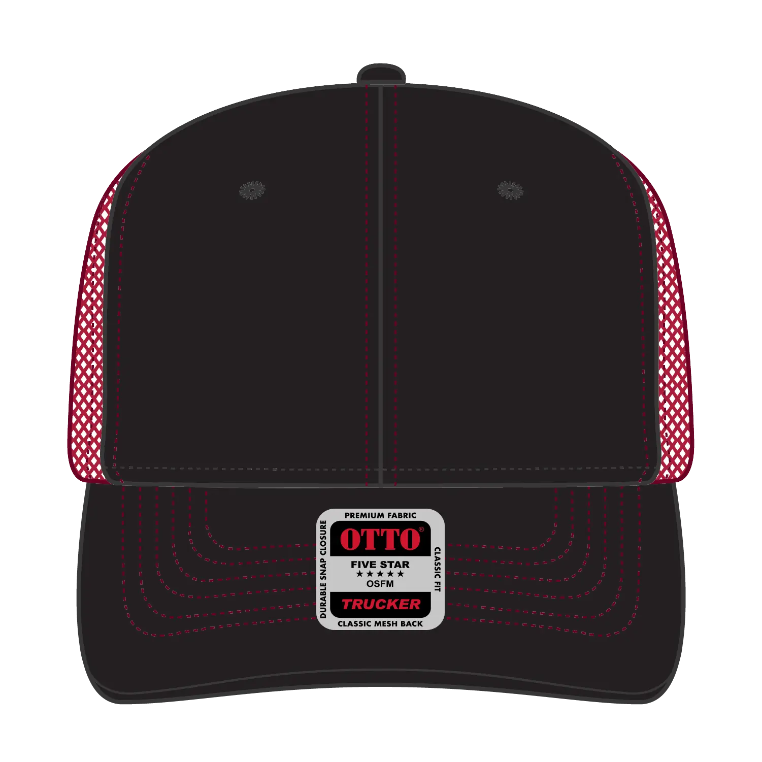 OTTO 112-1 6 Panel Mid Profile Mesh Back Trucker Cap - Blk/Blk/Red - Blk/Blk/Red / 7 3/8’’ - 7 5/8’’