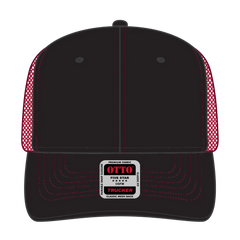 OTTO 112-1 6 Panel Mid Profile Mesh Back Trucker Cap - Blk/Blk/Red - Blk/Blk/Red / 7 3/8’’ - 7 5/8’’