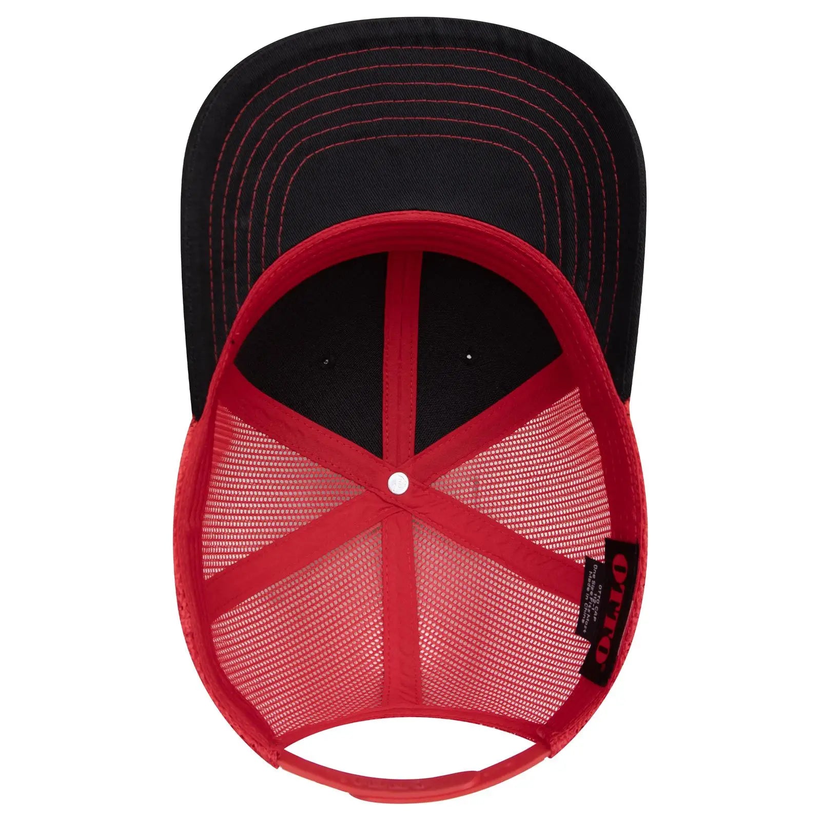 OTTO 112-1 6 Panel Mid Profile Mesh Back Trucker Cap - Blk/Blk/Red - Blk/Blk/Red / 7 3/8’’ - 7 5/8’’