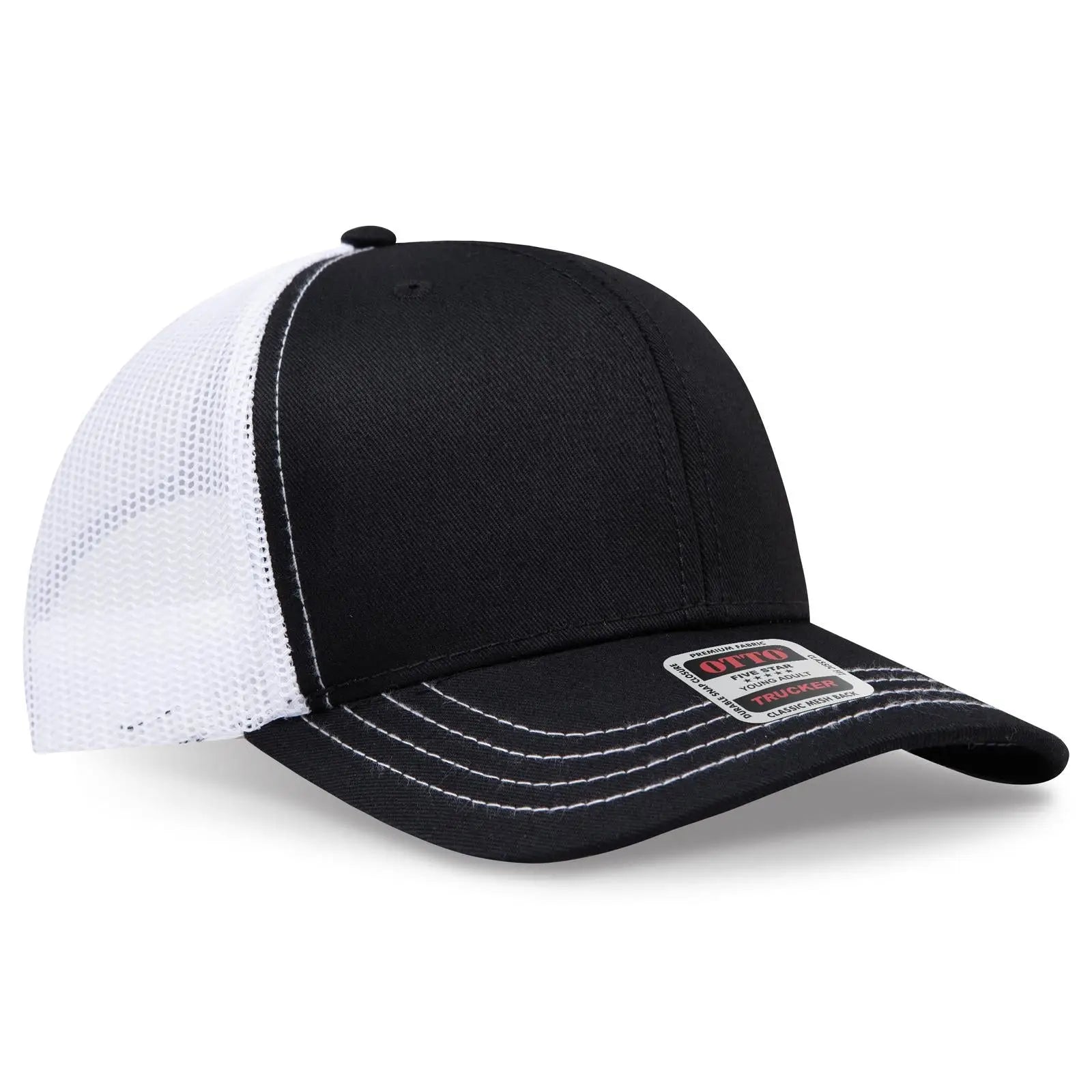 OTTO 112-1 6 Panel Mid Profile Mesh Back Trucker Cap - Blk/Blk/Wht