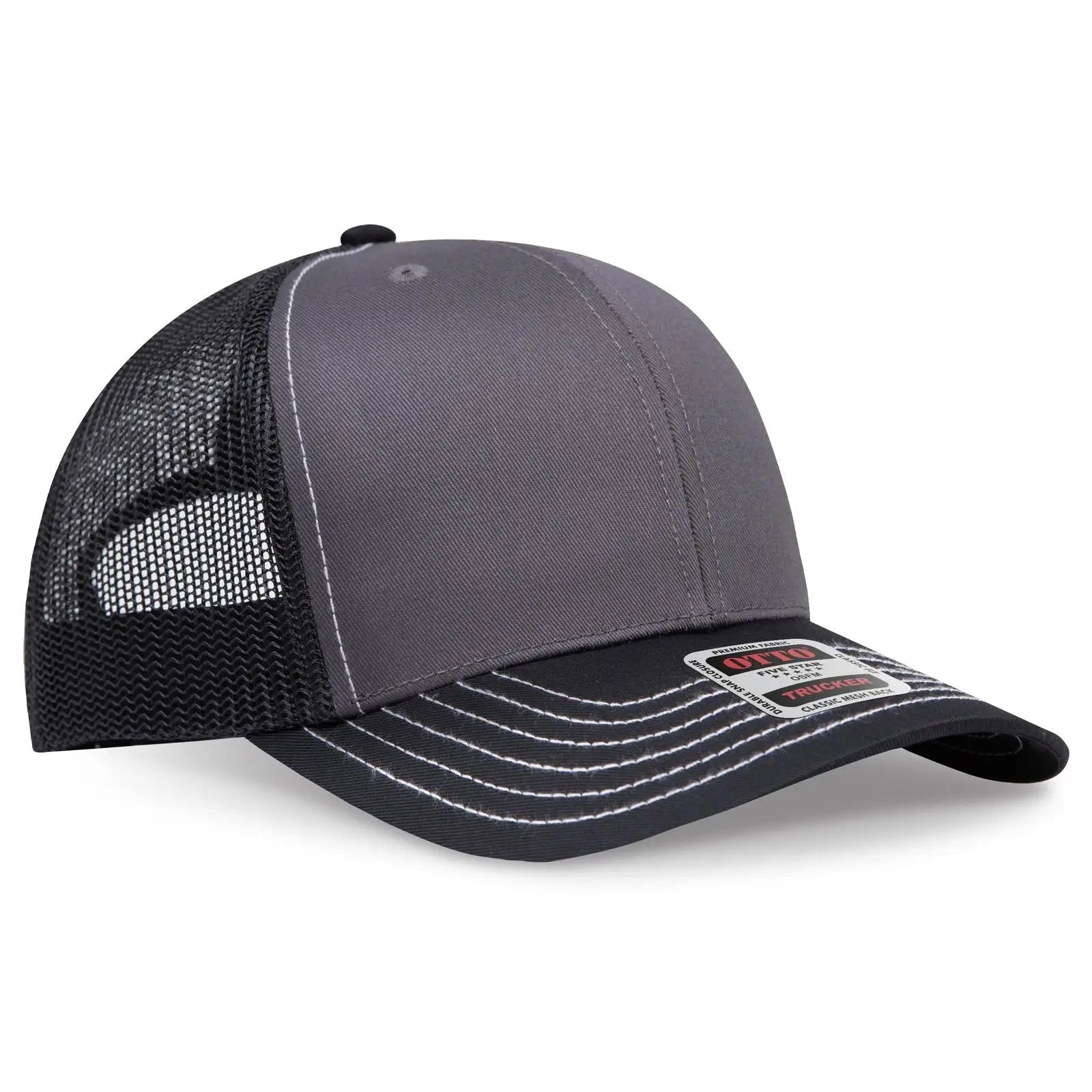 OTTO 112-1 6 Panel Mid Profile Mesh Back Trucker Cap - Blk/Ch.Gry/Blk - Blk/Ch.Gry/Blk / 7 3/8’’ - 7 5/8’’