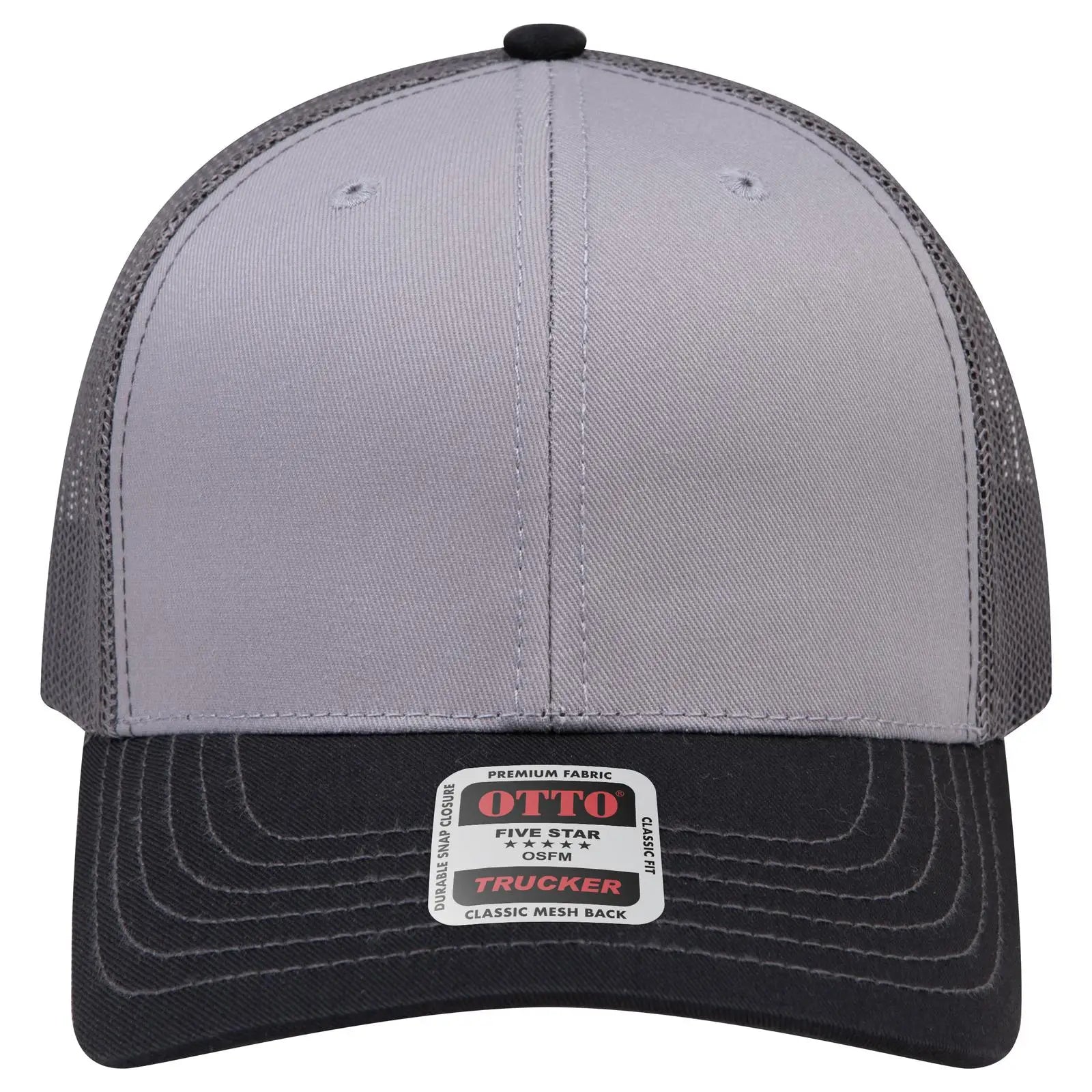 OTTO 112-1 6 Panel Mid Profile Mesh Back Trucker Cap - Blk/Gry/Ch.Gry - Blk/Gry/Ch.Gry / 7 3/8’’ - 7 5/8’’