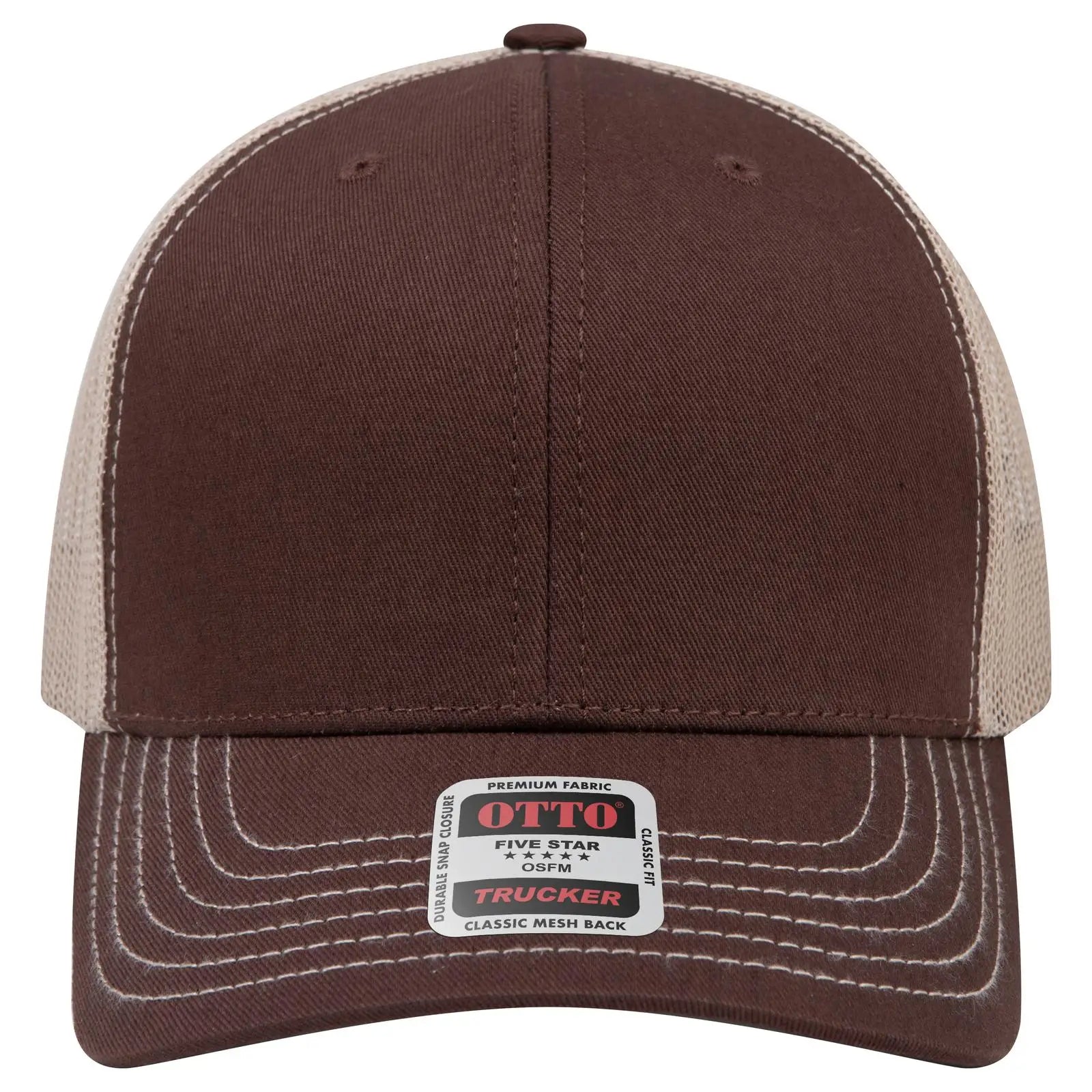 OTTO 112-1 6 Panel Mid Profile Mesh Back Trucker Cap - Brn/Brn/Kha - Brn/Brn/Kha / 7 3/8’’ - 7 5/8’’