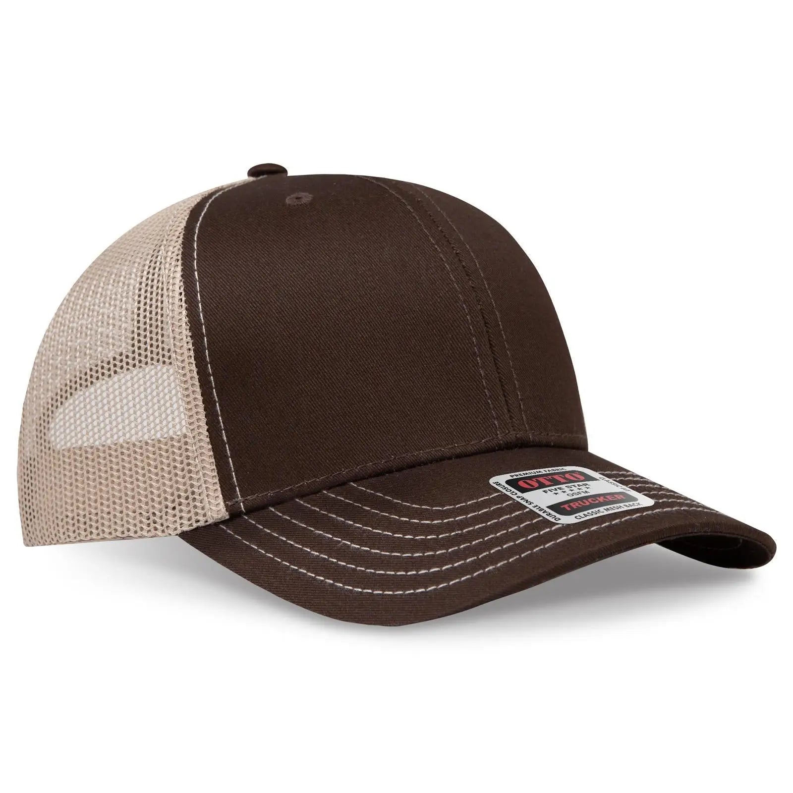 OTTO 112-1 6 Panel Mid Profile Mesh Back Trucker Cap - Dk.Brn/Dk.Brn/Kha - Dk.Brn/Dk.Brn/Kha / 7 3/8’’ - 7 5/8’’