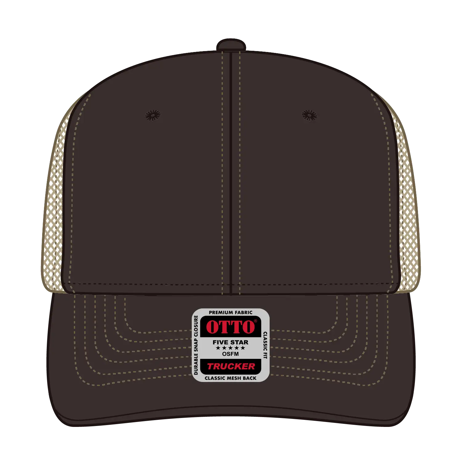 OTTO 112-1 6 Panel Mid Profile Mesh Back Trucker Cap - Dk.Brn/Dk.Brn/Kha - Dk.Brn/Dk.Brn/Kha / 7 3/8’’ - 7 5/8’’