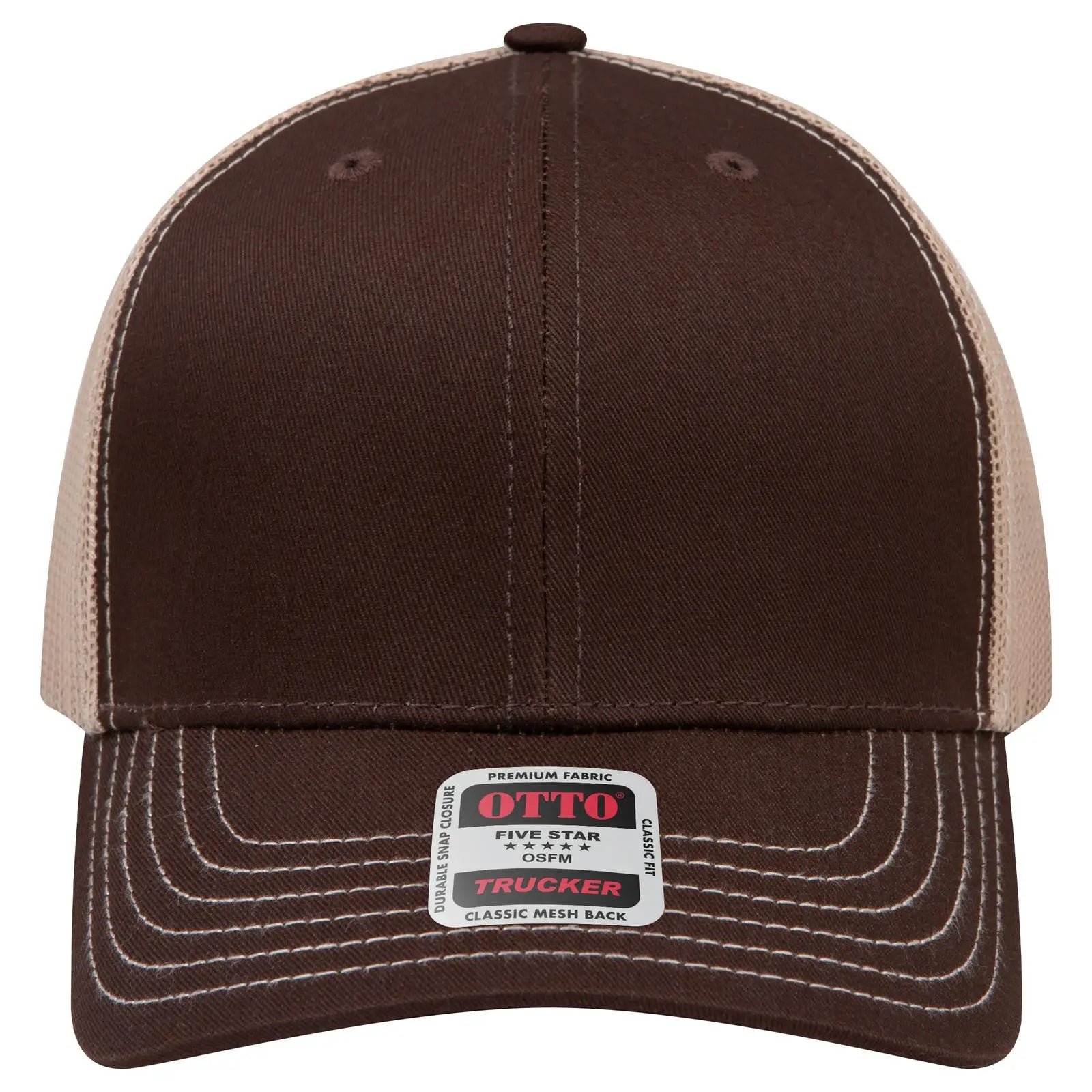OTTO 112-1 6 Panel Mid Profile Mesh Back Trucker Cap - Dk.Brn/Dk.Brn/Kha - Dk.Brn/Dk.Brn/Kha / 7 3/8’’ - 7 5/8’’