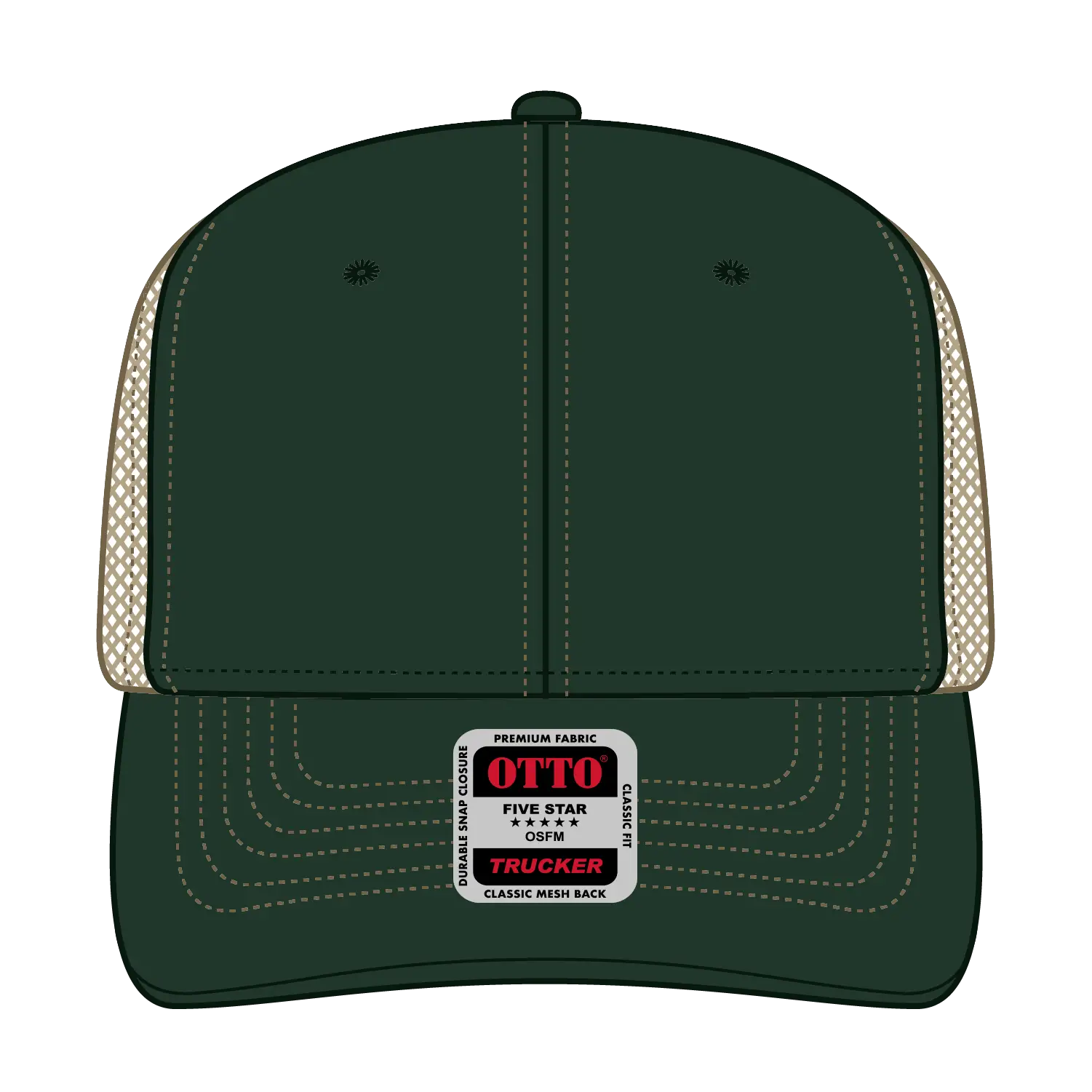OTTO 112-1 6 Panel Mid Profile Mesh Back Trucker Cap - Dk.Grn/Dk.Grn/Kha - Dk.Grn/Dk.Grn/Kha / 7 3/8’’ - 7 5/8’’