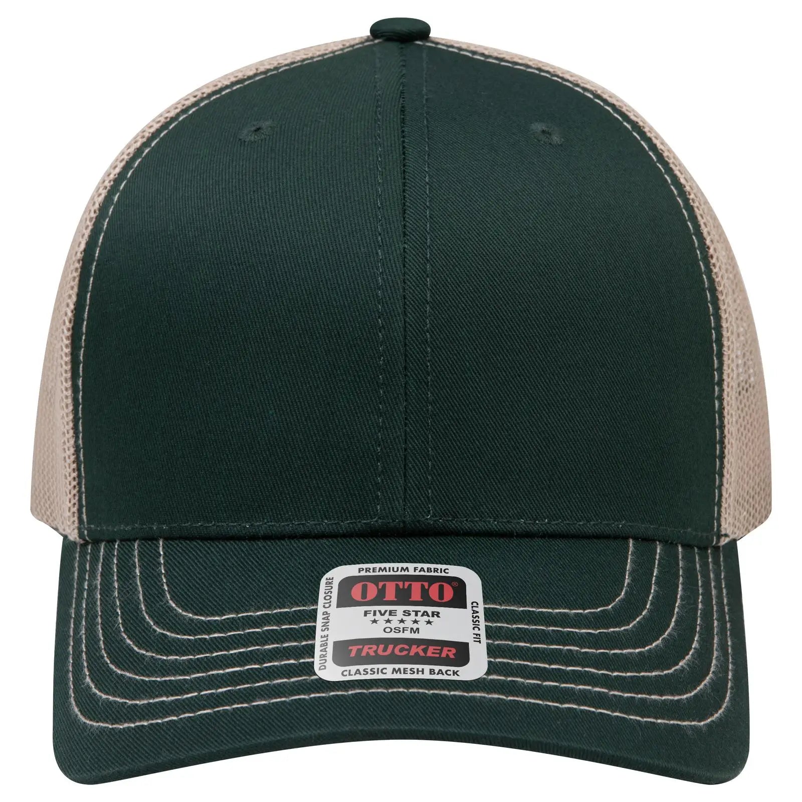 OTTO 112-1 6 Panel Mid Profile Mesh Back Trucker Cap - Dk.Grn/Dk.Grn/Kha - Dk.Grn/Dk.Grn/Kha / 7 3/8’’ - 7 5/8’’