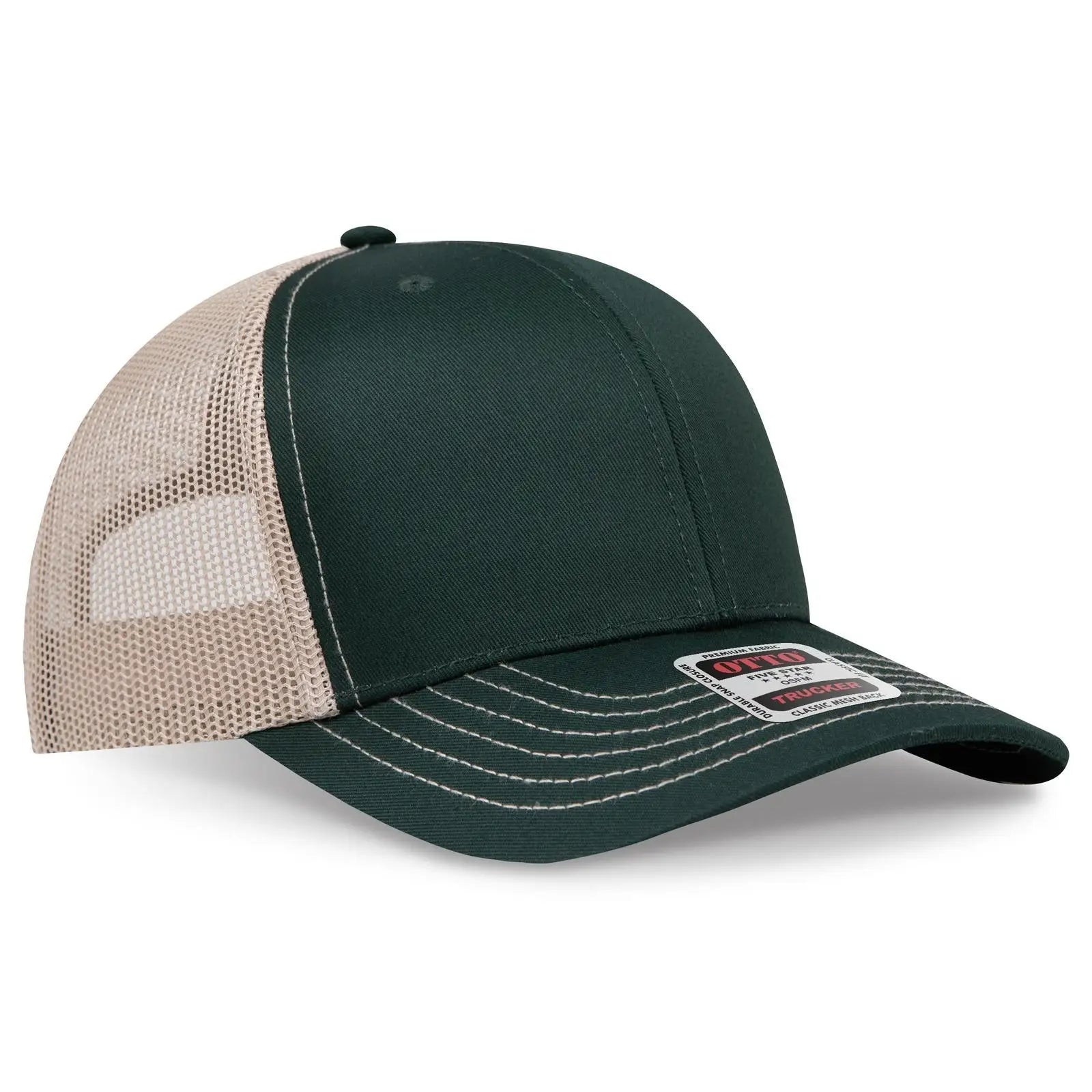 OTTO 112-1 6 Panel Mid Profile Mesh Back Trucker Cap - Dk.Grn/Dk.Grn/Kha - Dk.Grn/Dk.Grn/Kha / 7 3/8’’ - 7 5/8’’