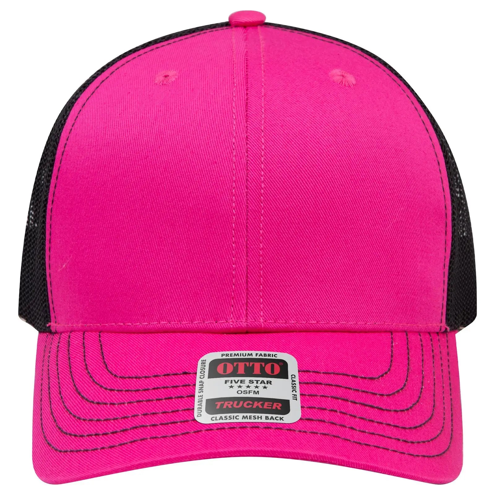 OTTO 112-1 6 Panel Mid Profile Mesh Back Trucker Cap - H.Pnk/H.Pnk/Blk - H.Pnk/H.Pnk/Blk / 7 3/8’’ - 7 5/8’’