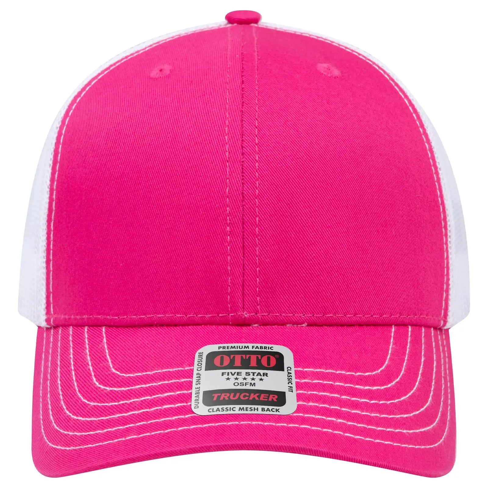 OTTO 112-1 6 Panel Mid Profile Mesh Back Trucker Cap - H.Pnk/H.Pnk/Wht - H.Pnk/H.Pnk/Wht / 7 3/8’’ - 7 5/8’’