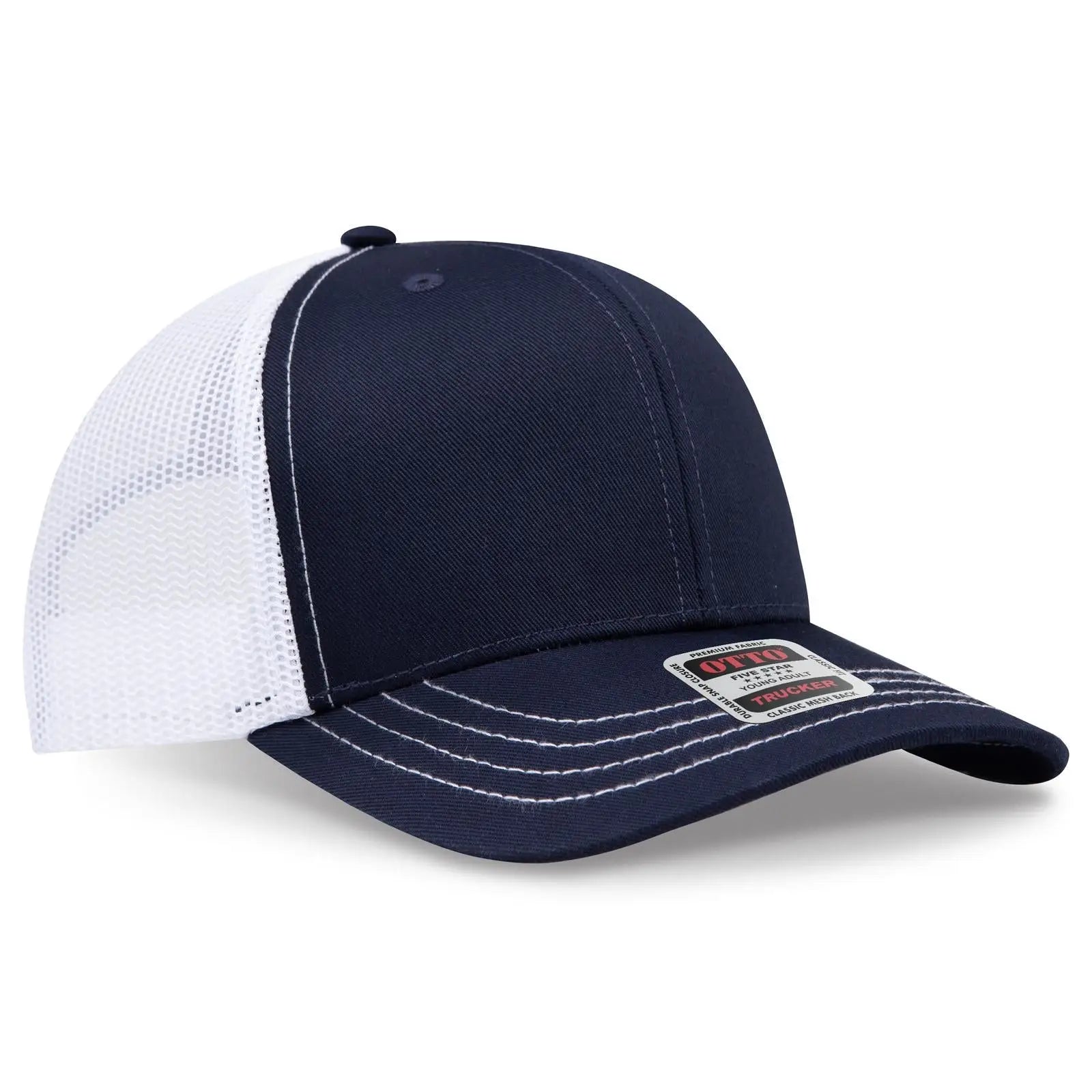 OTTO 112-1 6 Panel Mid Profile Mesh Back Trucker Cap - Nvy/Nvy/Wht