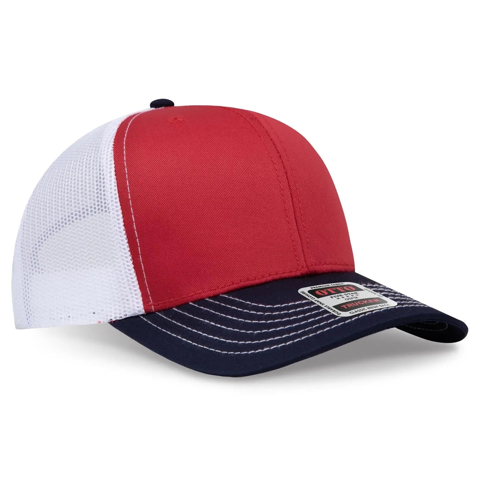 OTTO 112-1 6 Panel Mid Profile Mesh Back Trucker Cap - Nvy/Red/Wht - Nvy/Red/Wht / 7 3/8’’ - 7 5/8’’
