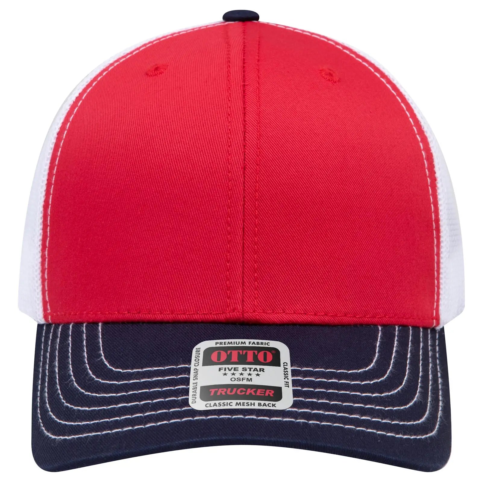 OTTO 112-1 6 Panel Mid Profile Mesh Back Trucker Cap - Nvy/Red/Wht - Nvy/Red/Wht / 7 3/8’’ - 7 5/8’’