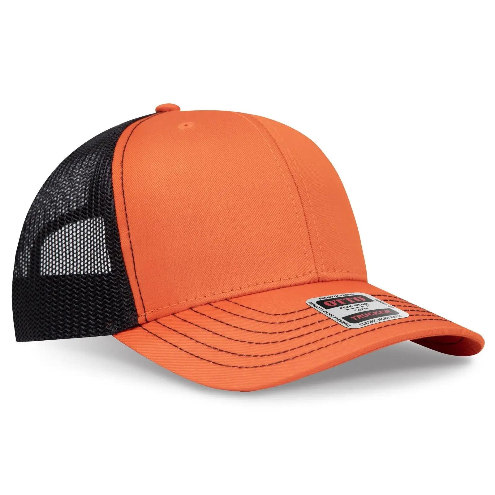 OTTO 112-1 6 Panel Mid Profile Mesh Back Trucker Cap - Org/Org/Blk - Org/Org/Blk / 7 3/8’’ - 7 5/8’’