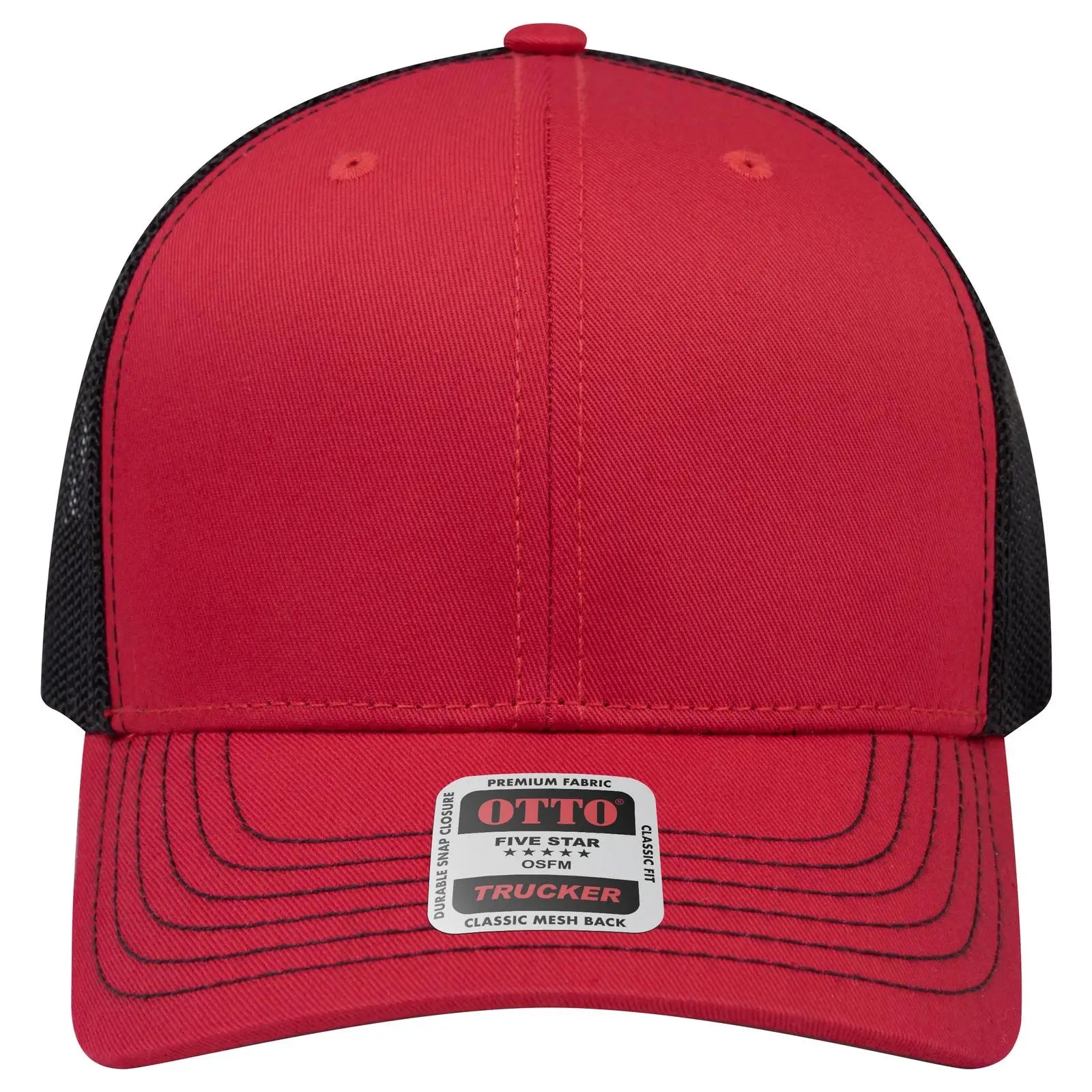 OTTO 112-1 6 Panel Mid Profile Mesh Back Trucker Cap - Red/Red/Blk - Red/Red/Blk / 7 3/8’’ - 7 5/8’’