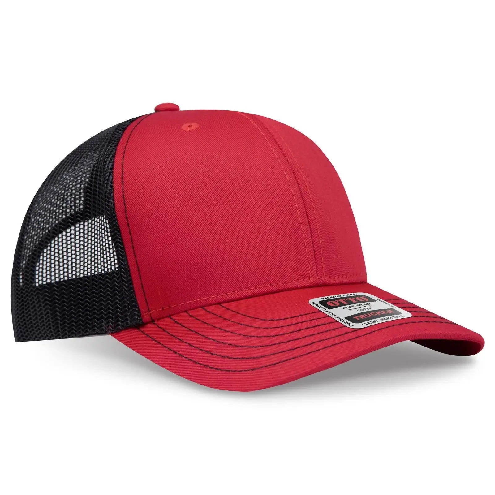 OTTO 112-1 6 Panel Mid Profile Mesh Back Trucker Cap - Red/Red/Blk - Red/Red/Blk / 7 3/8’’ - 7 5/8’’