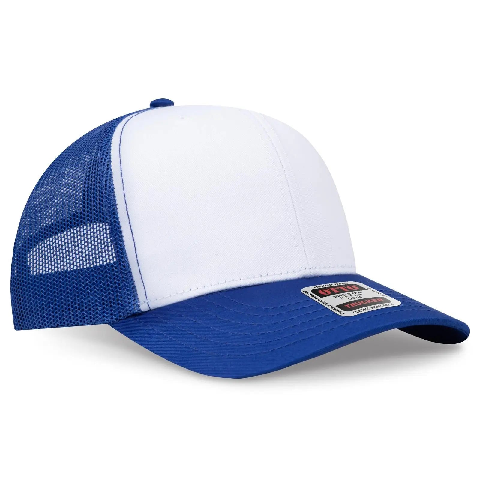 OTTO 112-1 6 Panel Mid Profile Mesh Back Trucker Cap - Ryl/Wht/Ryl - Ryl/Wht/Ryl / 7 3/8’’ - 7 5/8’’