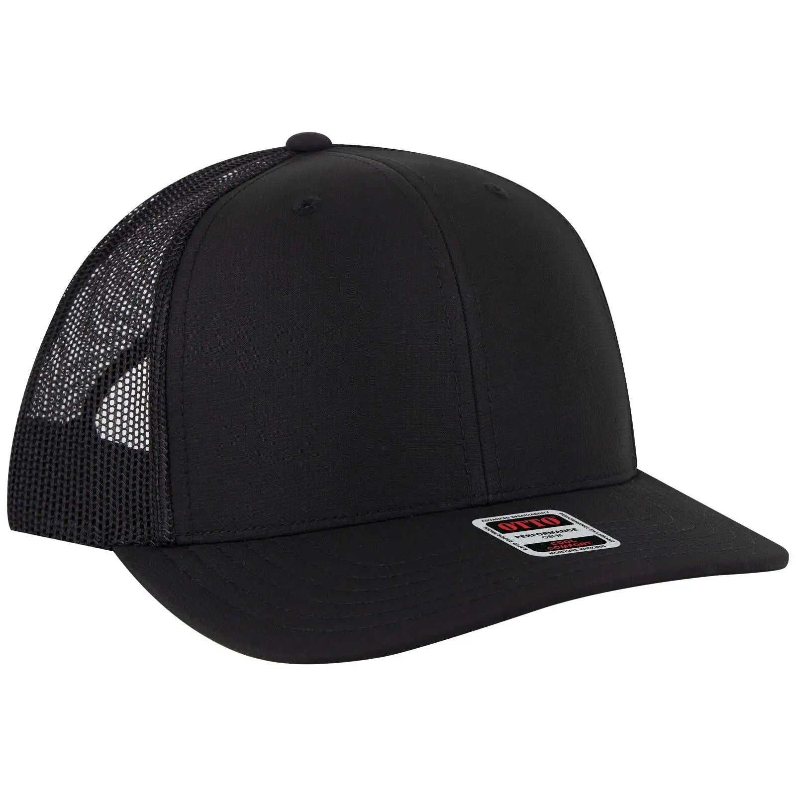 OTTO 112-3 6 Panel Mid Profile Mesh Back Trucker Cap - Black - Black / 7 3/8’’ - 7 5/8’’