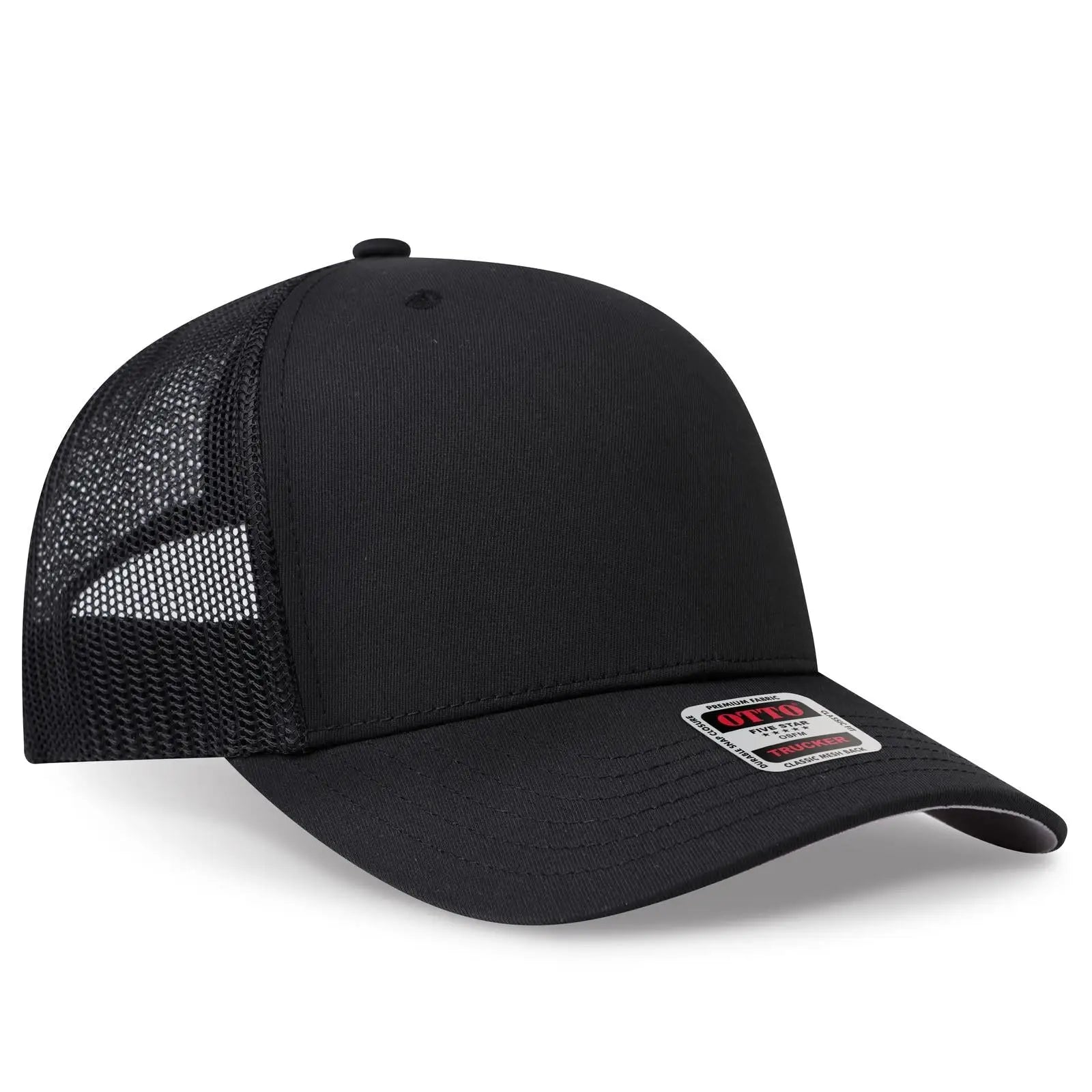 OTTO 1120-1 Seamless 6 Panel Mid Profile Mesh Back Trucker Cap - Black - Black / 7 3/8’’ - 7 5/8’’