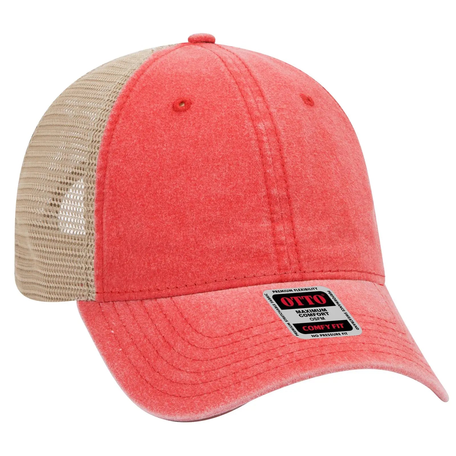 OTTO 121-1202 ’OTTO Comfy Fit’ 6 Panel Low Profile Mesh Back Trucker Cap - Red/Red/Kha - Red/Red/Kha / 7 3/8’’ - 7 5/8’’