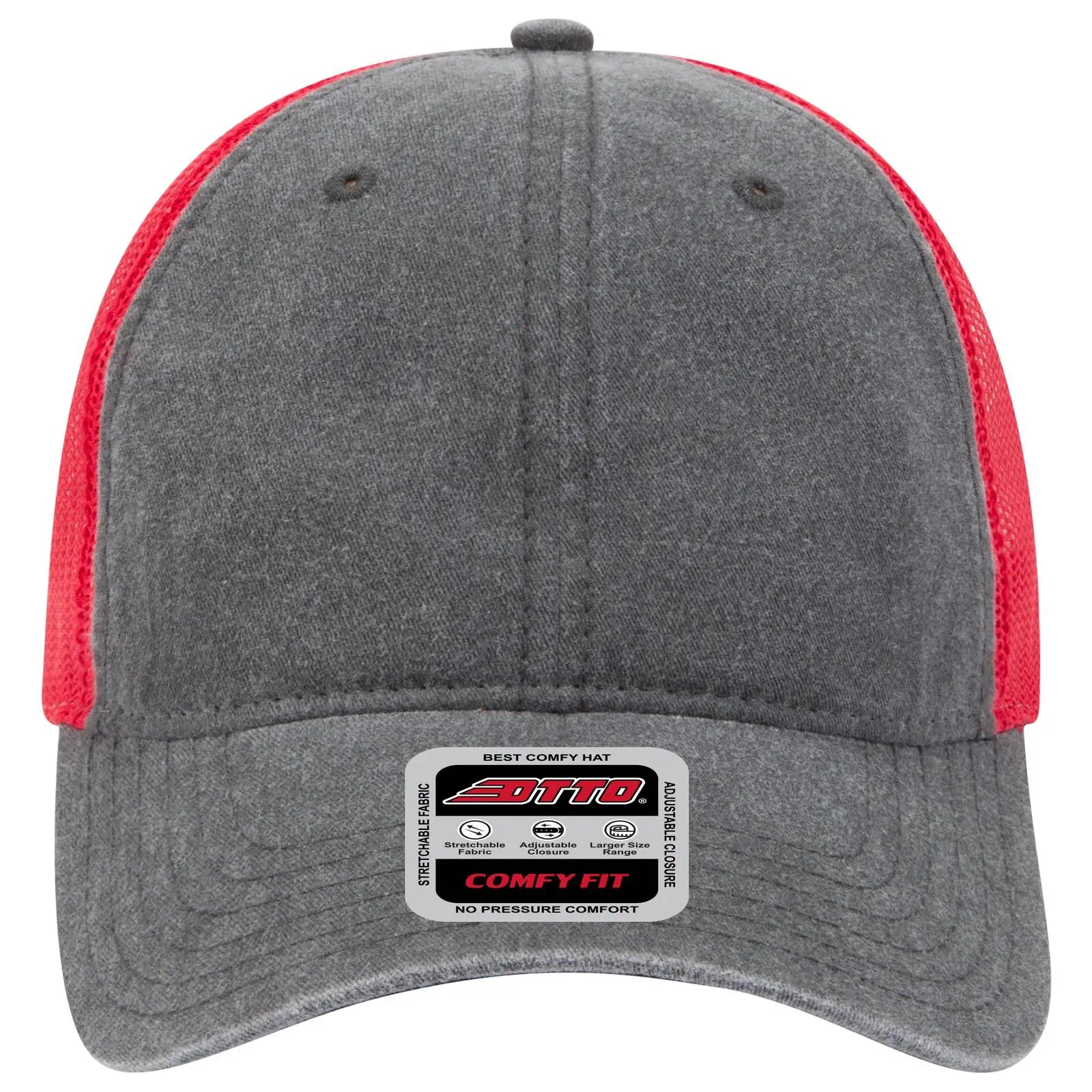 OTTO 121-1202 ’OTTO Comfy Fit’ 6 Panel Low Profile Mesh Back Trucker Cap - Blk/Blk/Red - Blk/Blk/Red / 7 3/8’’ - 7 5/8’’