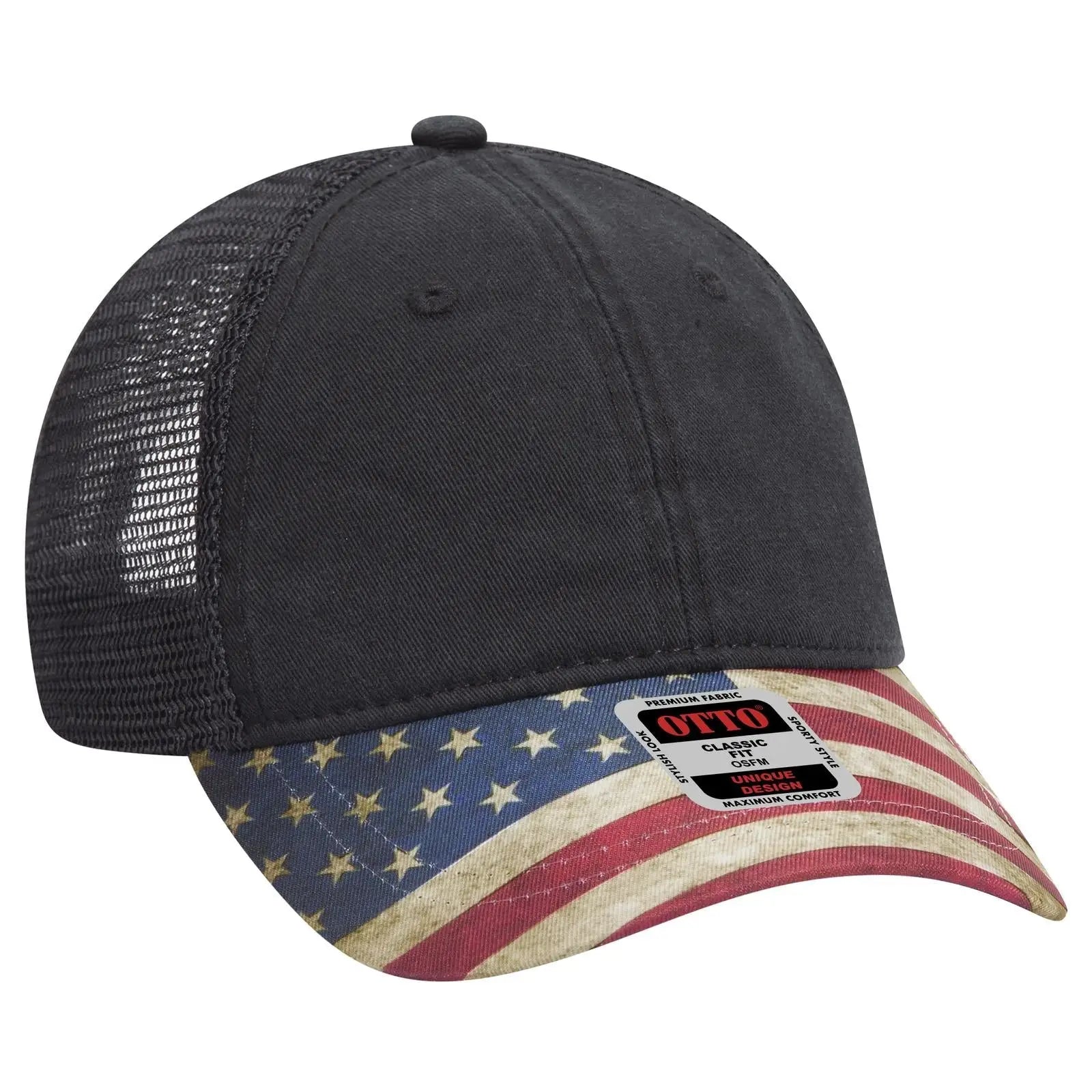 OTTO 121-1281 6 Panel Low Profile Mesh Back Trucker Dad Cap - Black - Black / 7 3/8’’ - 7 5/8’’