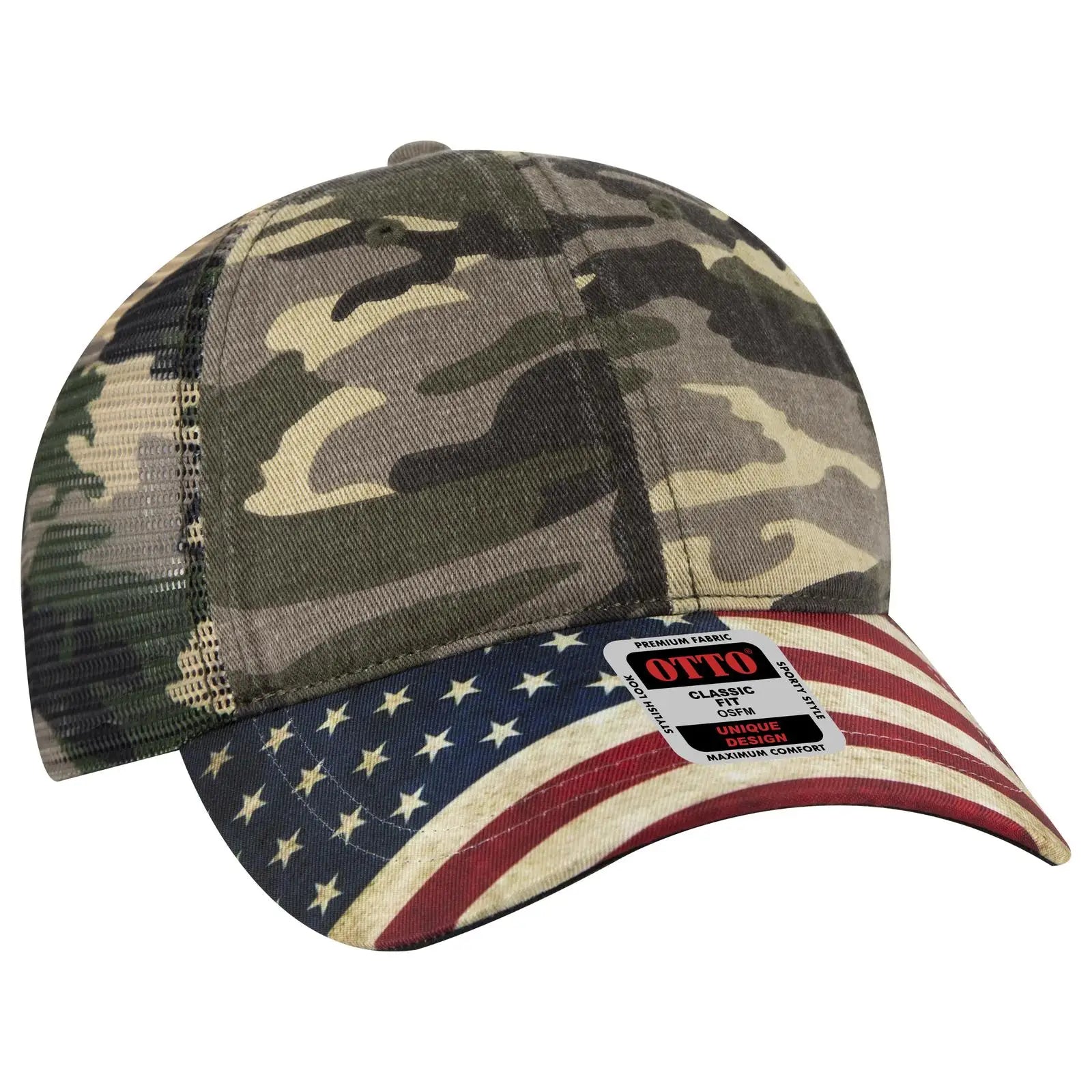 OTTO 121-1281 6 Panel Low Profile Mesh Back Trucker Dad Cap - Camo 010 - Camo 010 / 7 3/8’’ - 7 5/8’’