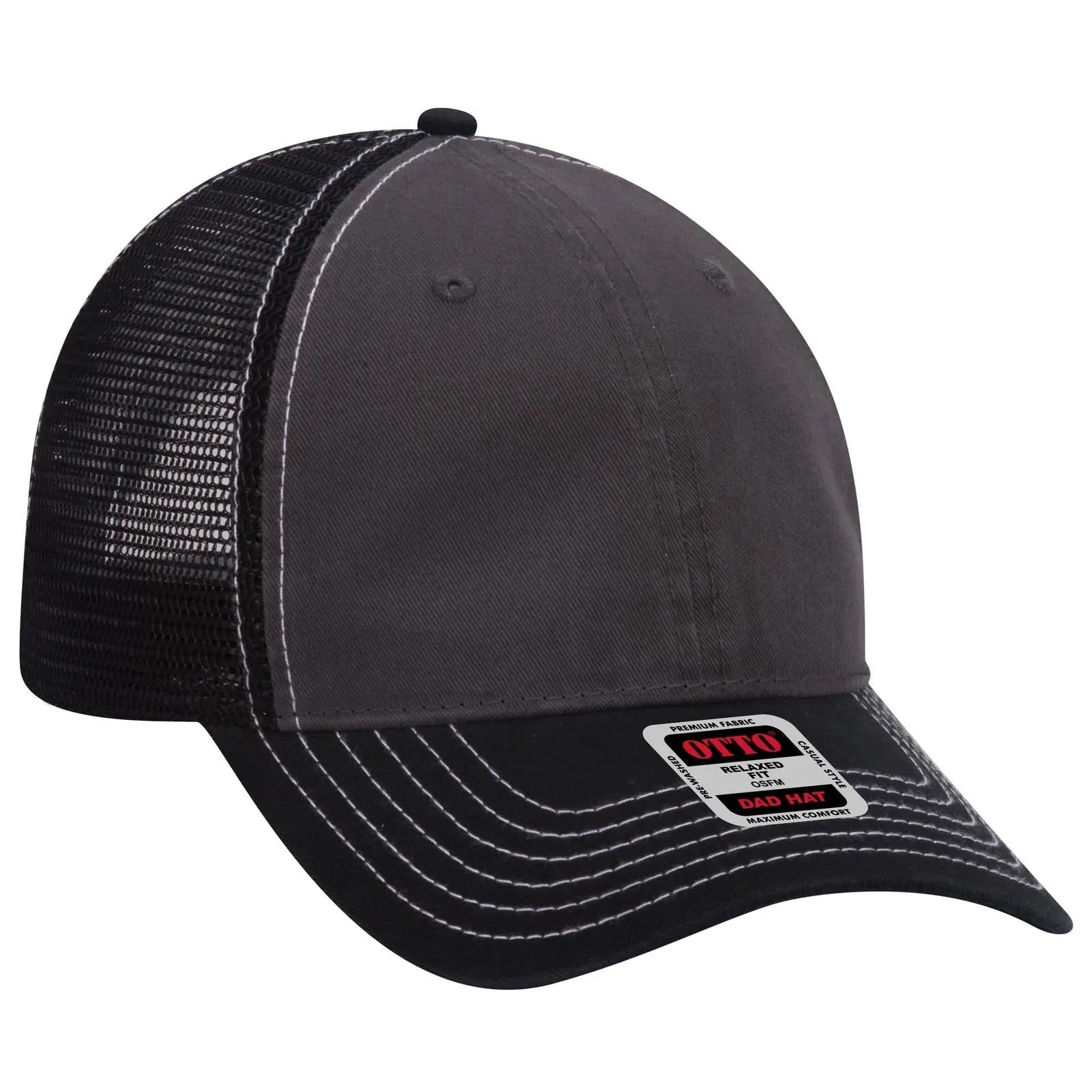 OTTO 121-858 6 Panel Low Profile Mesh Back Trucker Dad Cap - Blk/Ch.Gry/Blk - Blk/Ch.Gry/Blk / 6 1/2’’ - 7 5/8’’