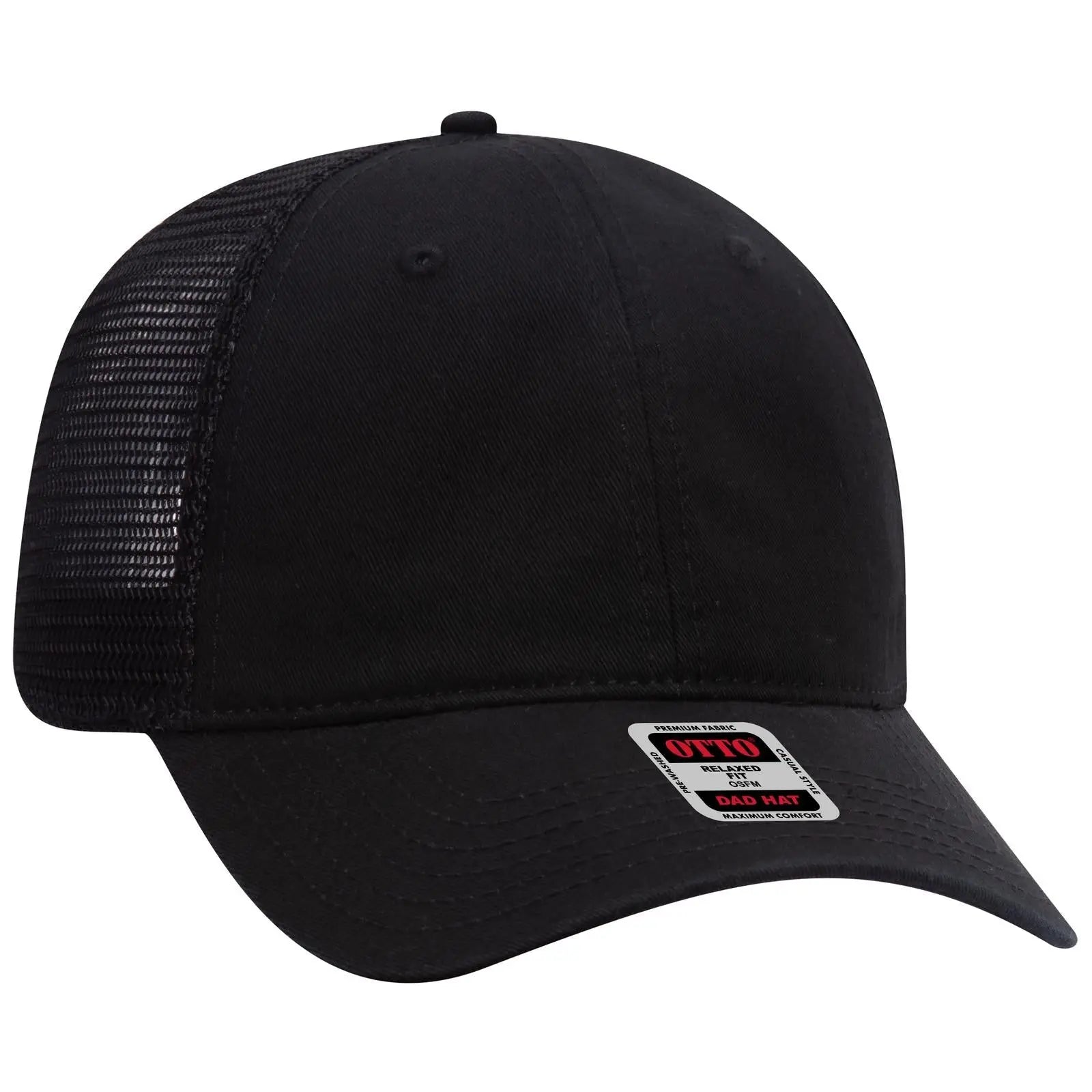 OTTO 121-858 6 Panel Low Profile Mesh Back Trucker Dad Cap - Black - Black / 6 1/2’’ - 7 5/8’’