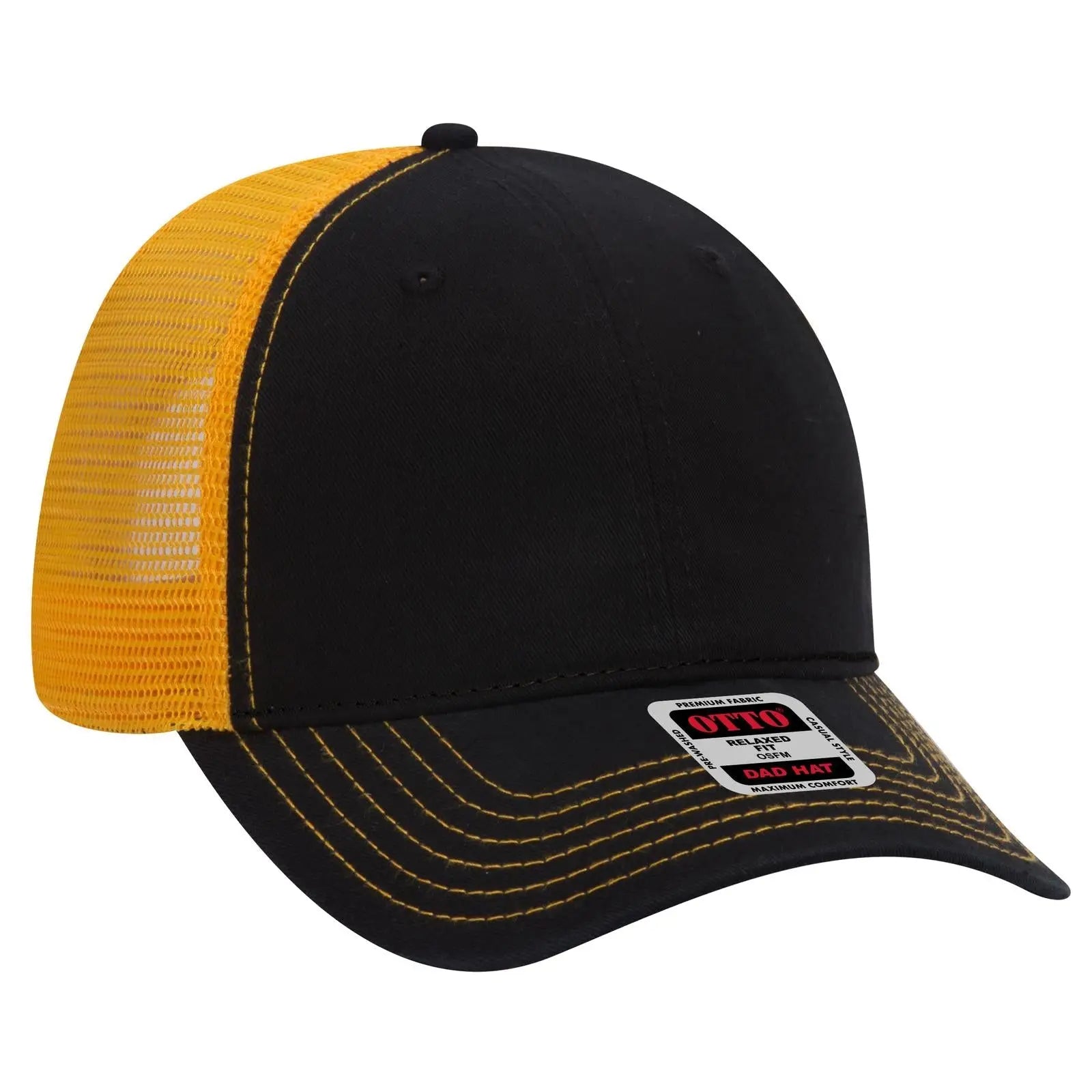 OTTO 121-858 6 Panel Low Profile Mesh Back Trucker Dad Cap - Blk/Blk/Gld - Blk/Blk/Gld / 6 1/2’’ - 7 5/8’’