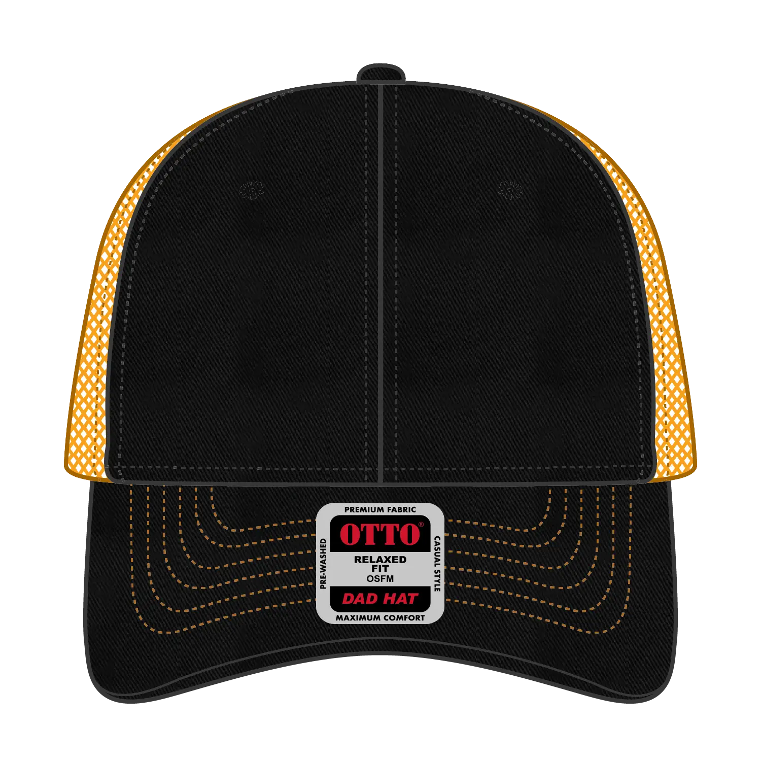 OTTO 121-858 6 Panel Low Profile Mesh Back Trucker Dad Cap - Blk/Blk/Gld - Blk/Blk/Gld / 6 1/2’’ - 7 5/8’’