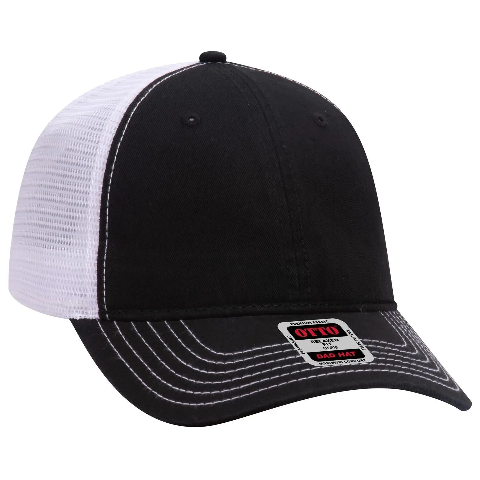 OTTO 121-858 6 Panel Low Profile Mesh Back Trucker Dad Cap - Blk/Blk/Wht - Blk/Blk/Wht / 6 1/2’’ - 7 5/8’’
