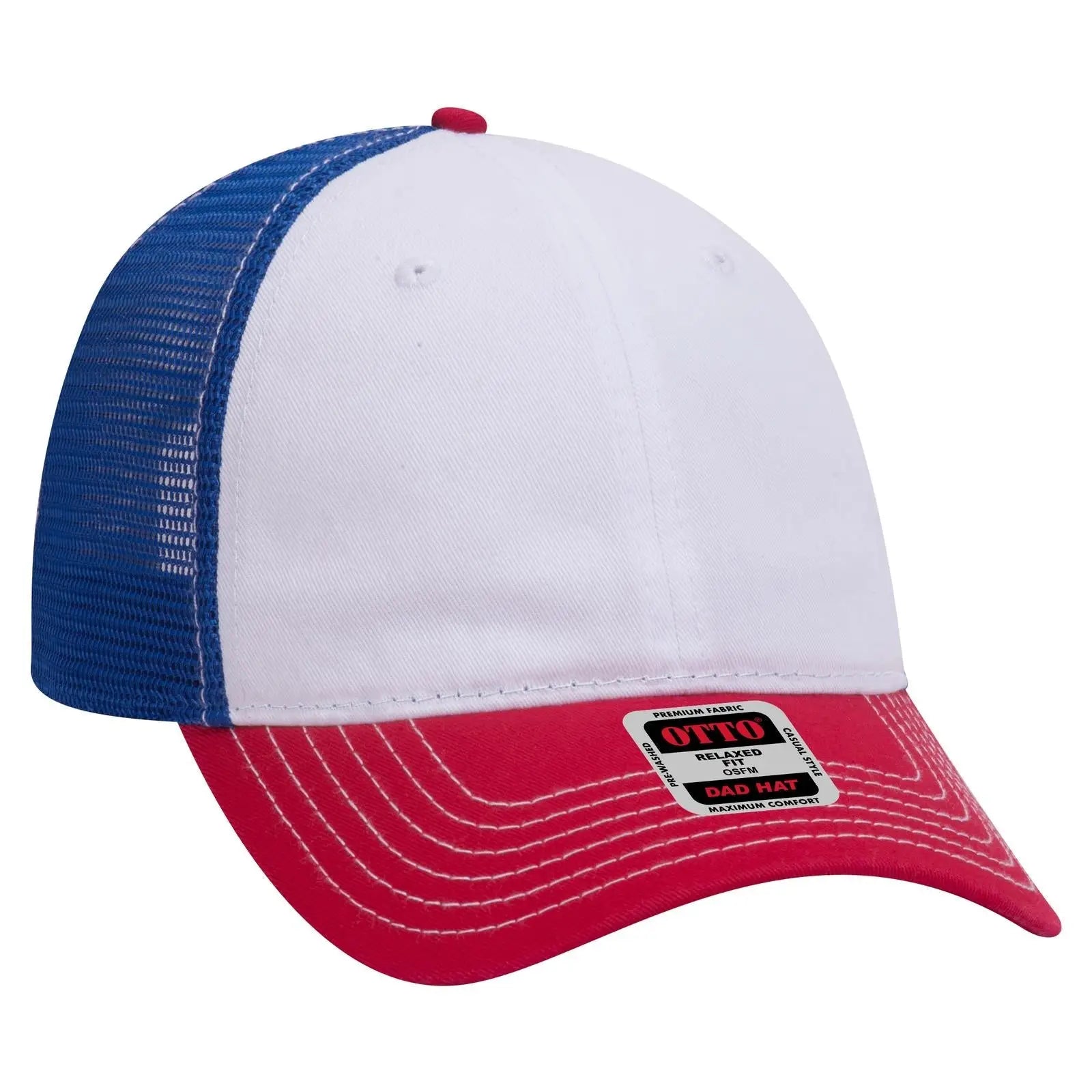 OTTO 121-858 6 Panel Low Profile Mesh Back Trucker Dad Cap - Red/Wht/Ryl - Red/Wht/Ryl / 6 1/2’’ - 7 5/8’’