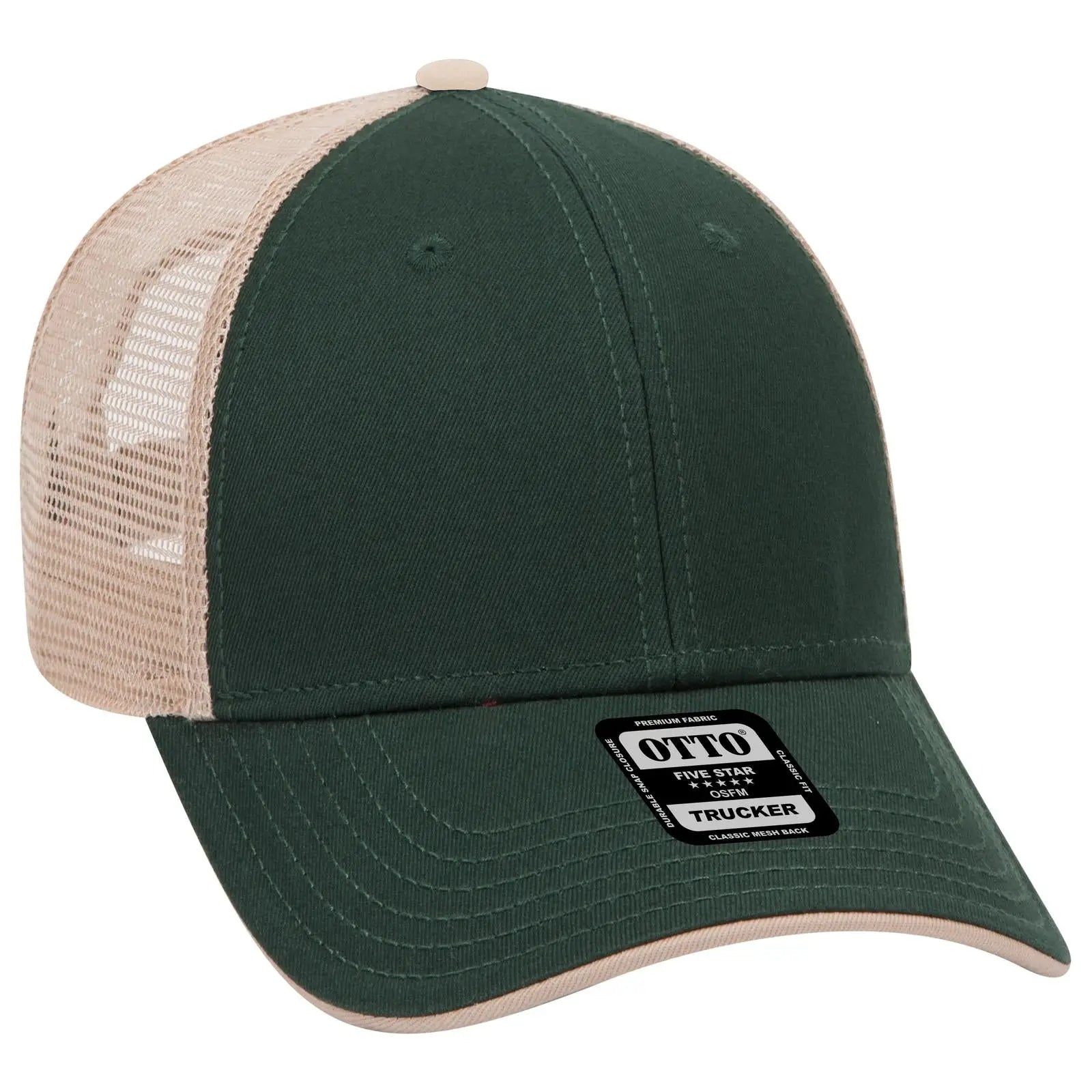 OTTO 122-945 6 Panel Low Profile Mesh Back Trucker Cap - Dk.Grn/Dk.Grn/Kha - Dk.Grn/Dk.Grn/Kha / 6 1/2’’ - 7 5/8’’