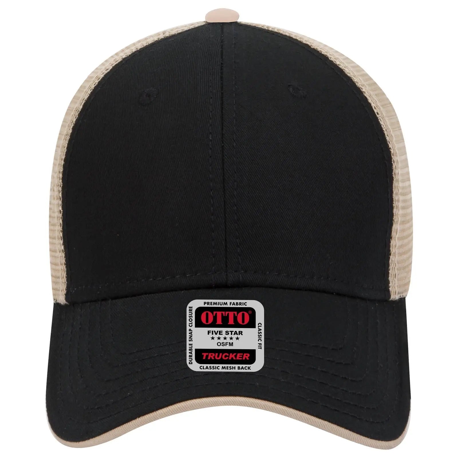 OTTO 122-945 6 Panel Low Profile Mesh Back Trucker Cap - Blk/Blk/Kha - Blk/Blk/Kha / 6 1/2’’ - 7 5/8’’