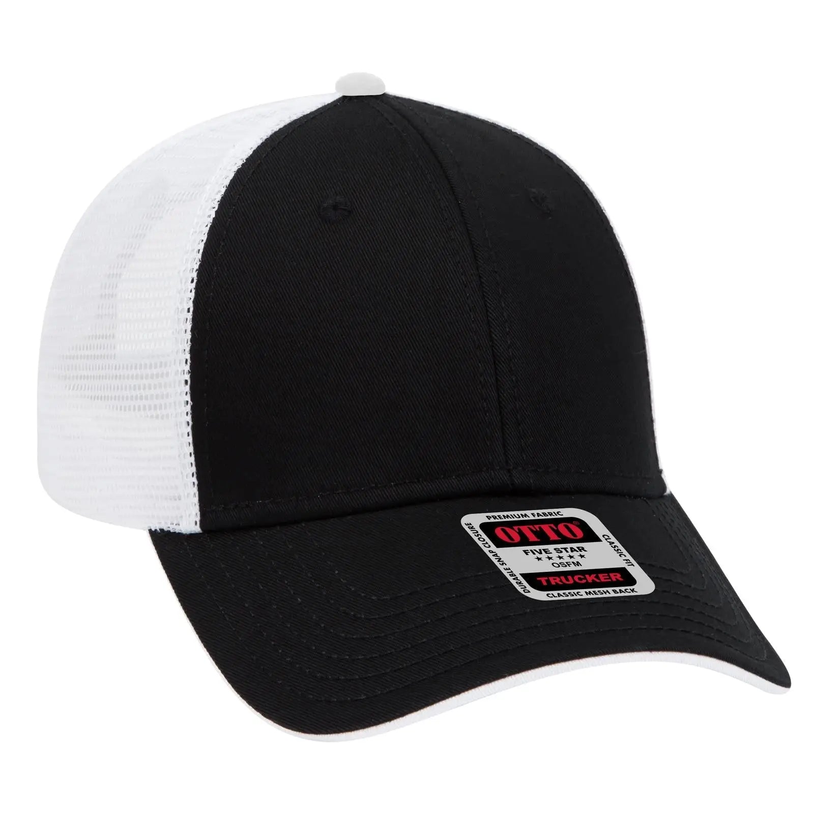 OTTO 122-945 6 Panel Low Profile Mesh Back Trucker Cap - Blk/Blk/Wht - Blk/Blk/Wht / 6 1/2’’ - 7 5/8’’