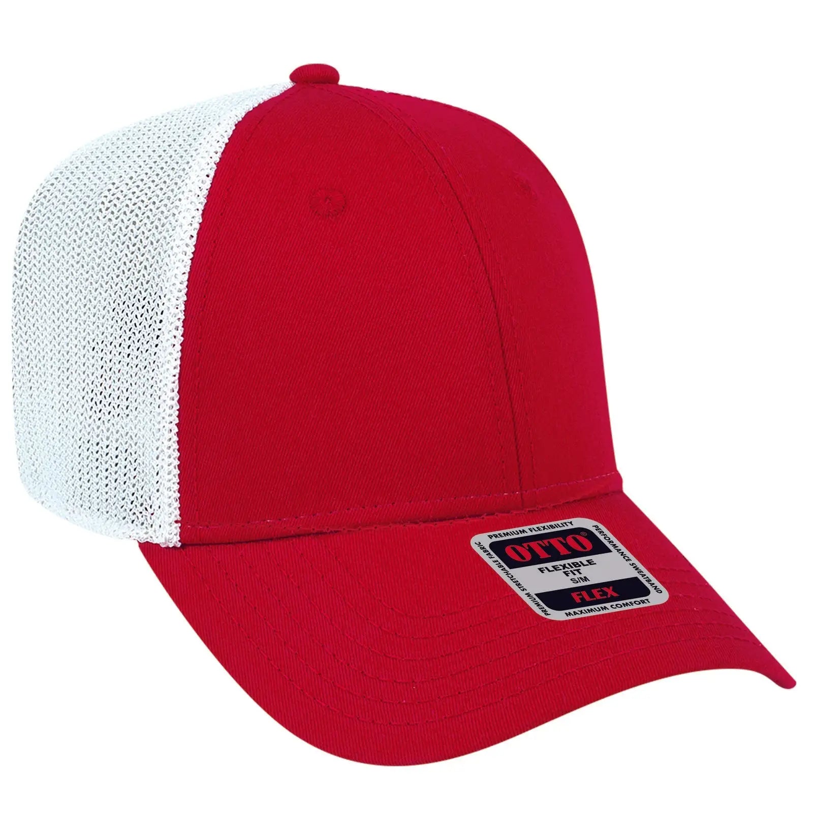 OTTO 135-1230 ’OTTO Flex’ Fitted 6 Panel Low Profile Mesh Back Trucker Cap - Red/Red/Wht